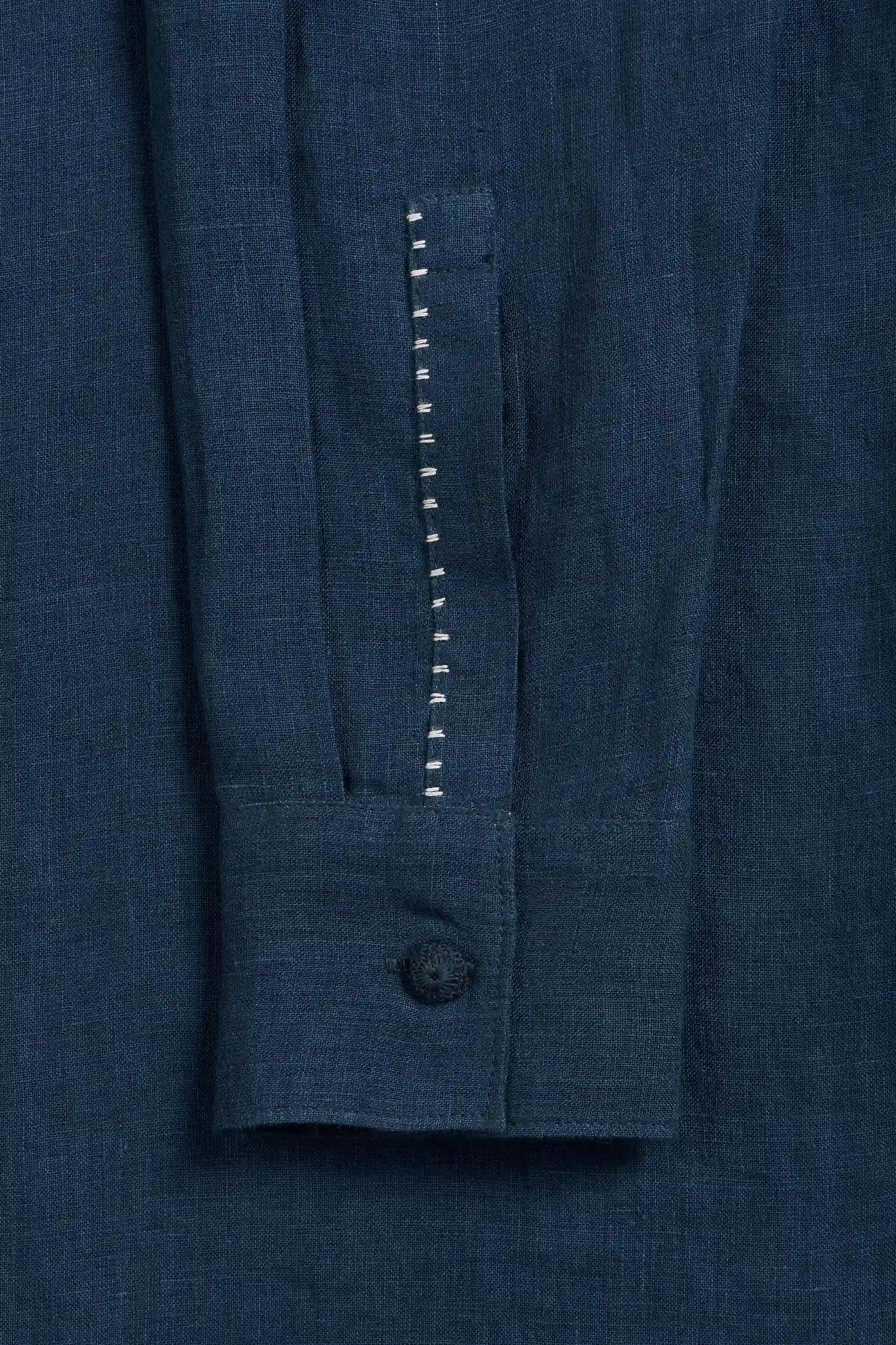 Close-up of a space blue fabric, showing a buttoned cuff with stitched details