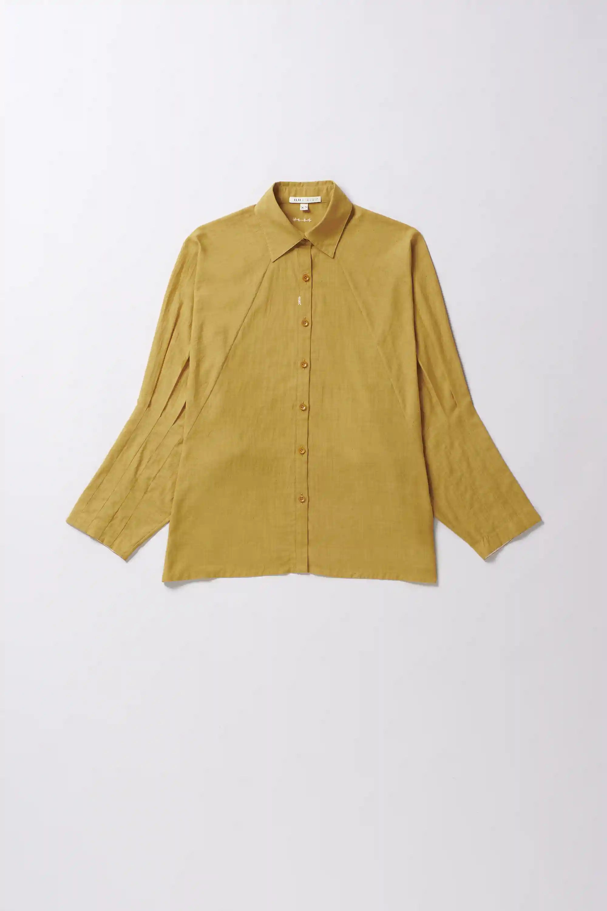 Front image of a cotton ochre yellow shirt