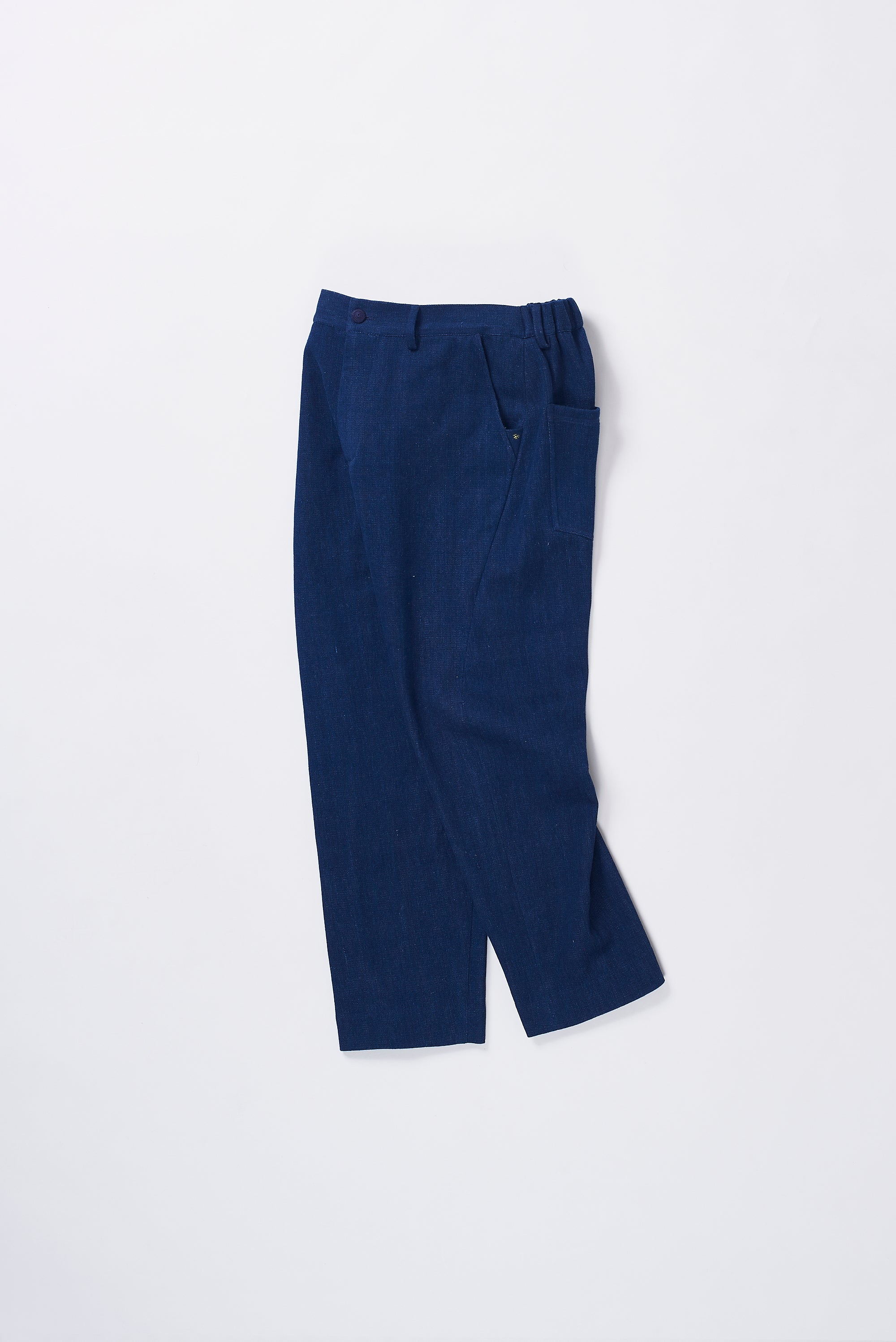 ELASTICATED ENGINEERED HAND-WOVEN INDIGO DENIM TROUSERS