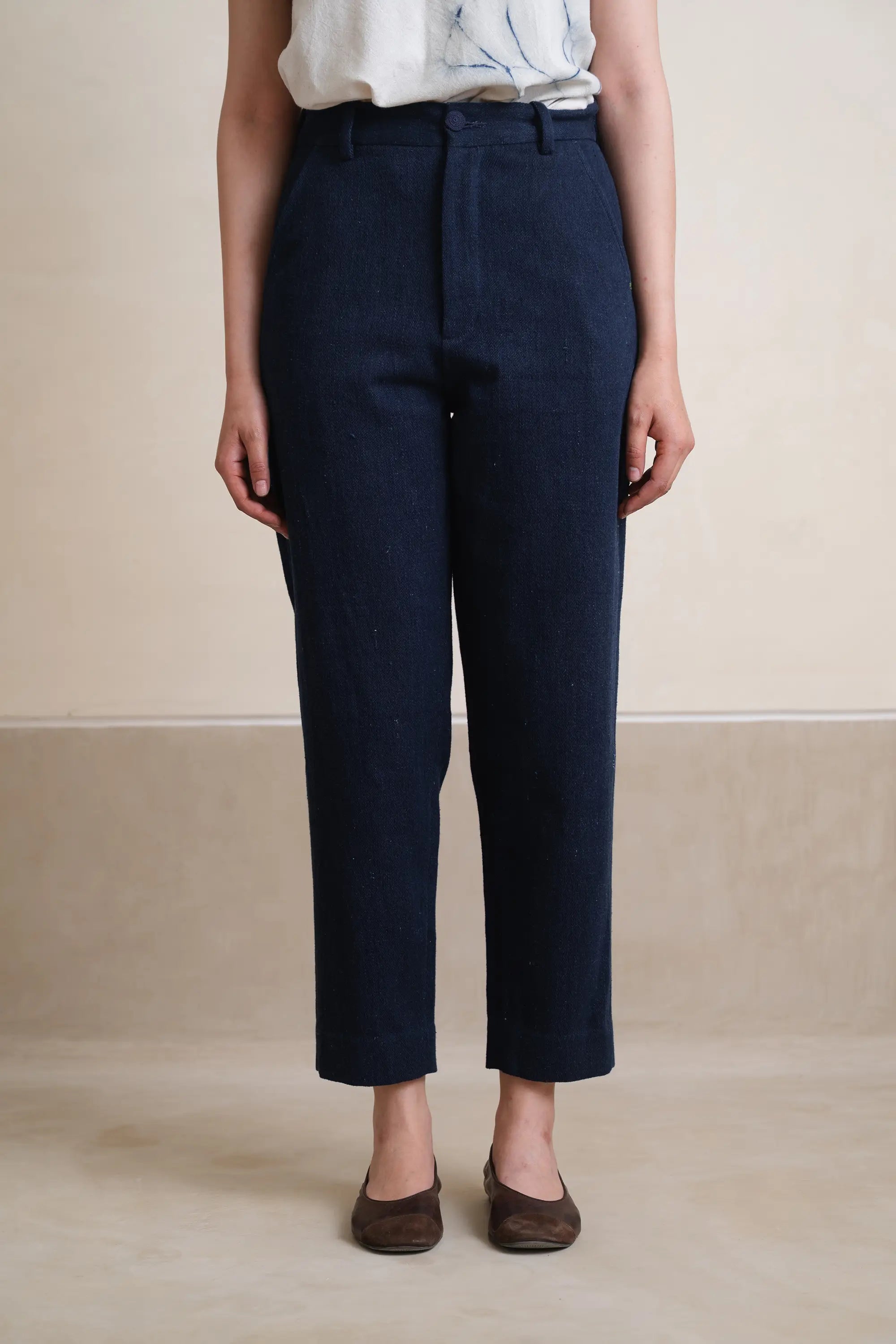 A woman wearing indigo cotton pant