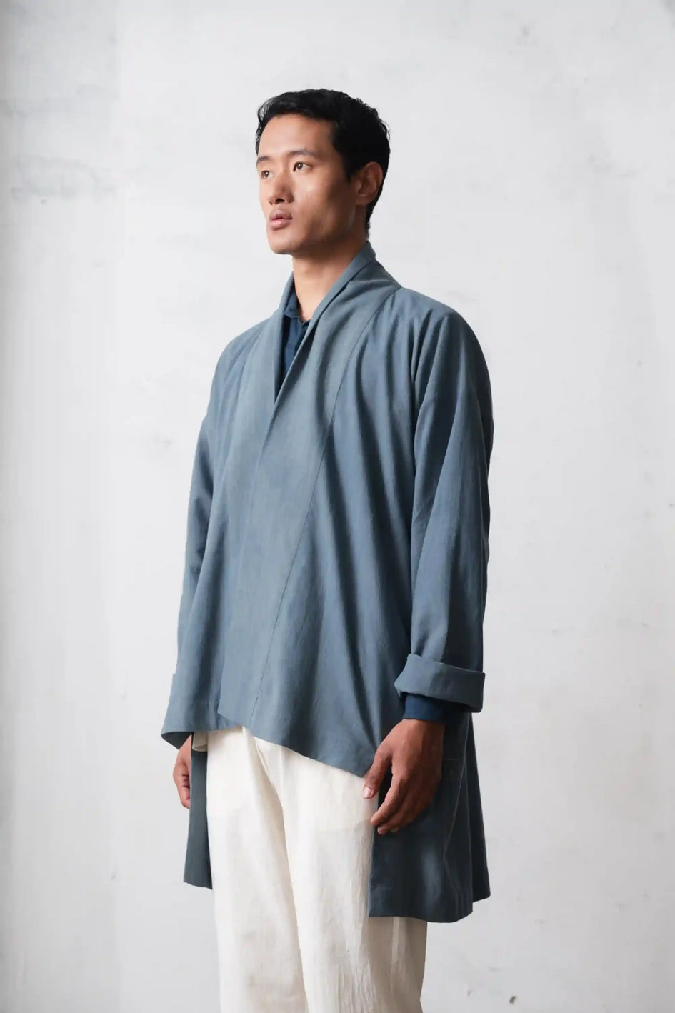 100% Linen Kimono Half Sleeve Shirt Medium Indigo