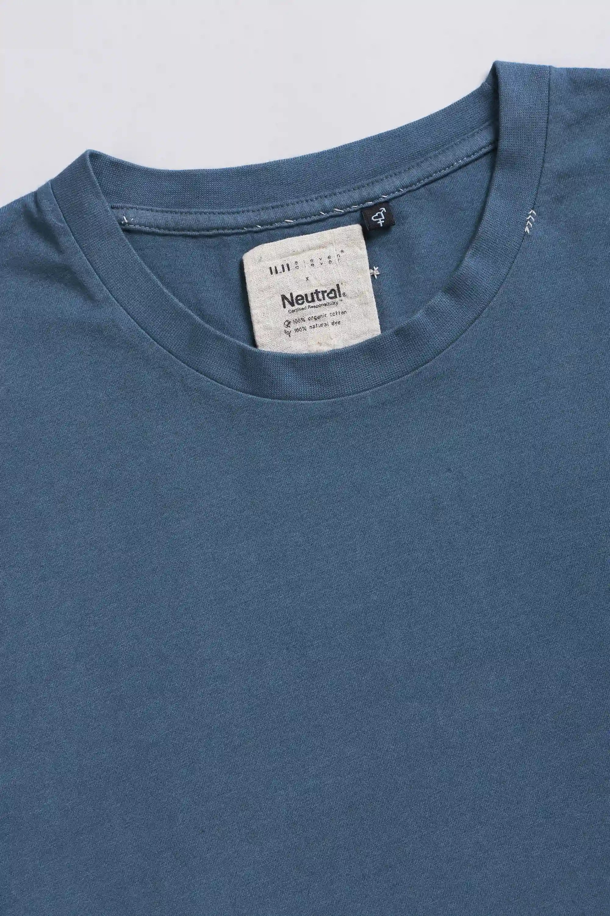 Close-up of a blue t-shirt on a light grey background