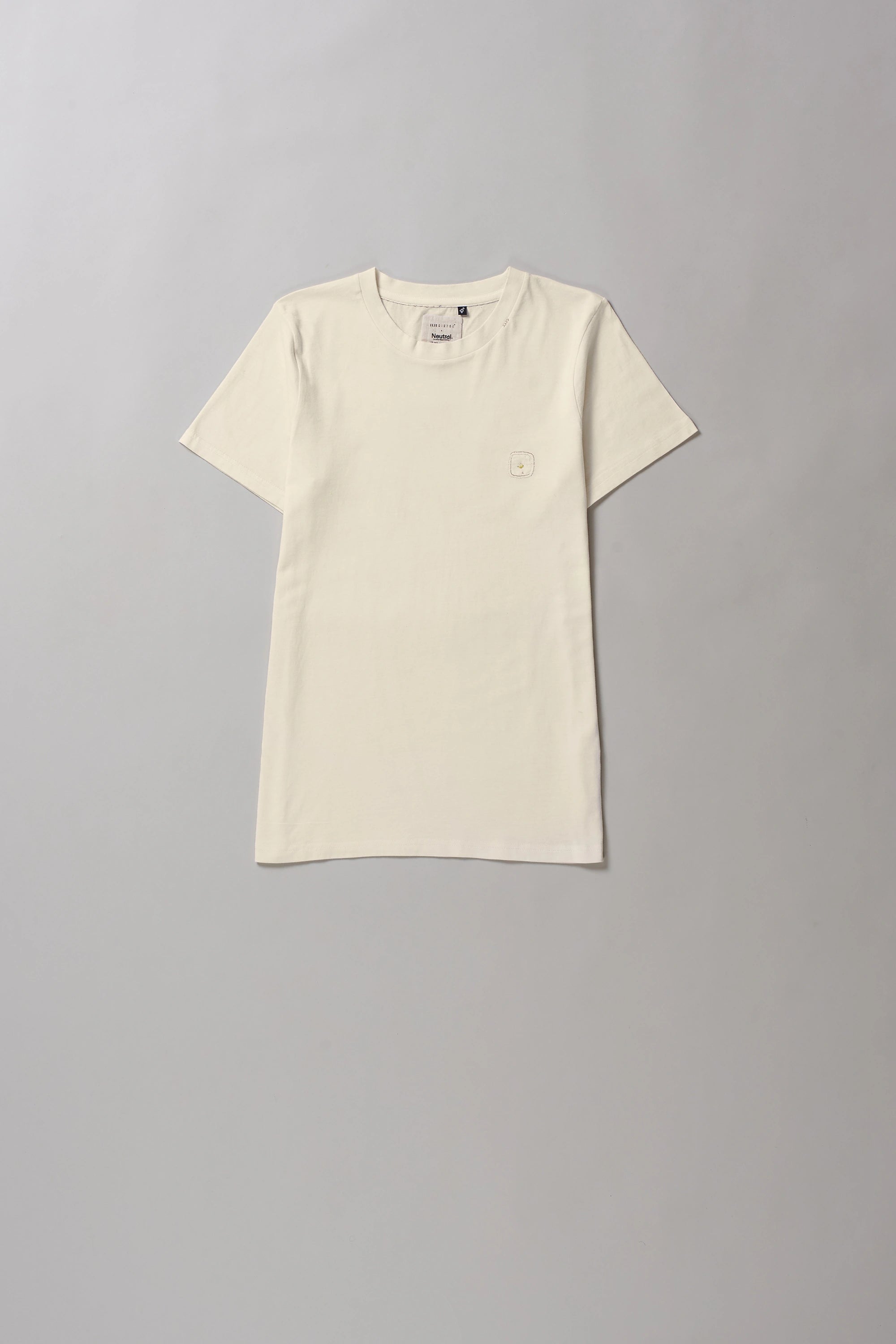 Front image of ecru t-shirt on a grey background