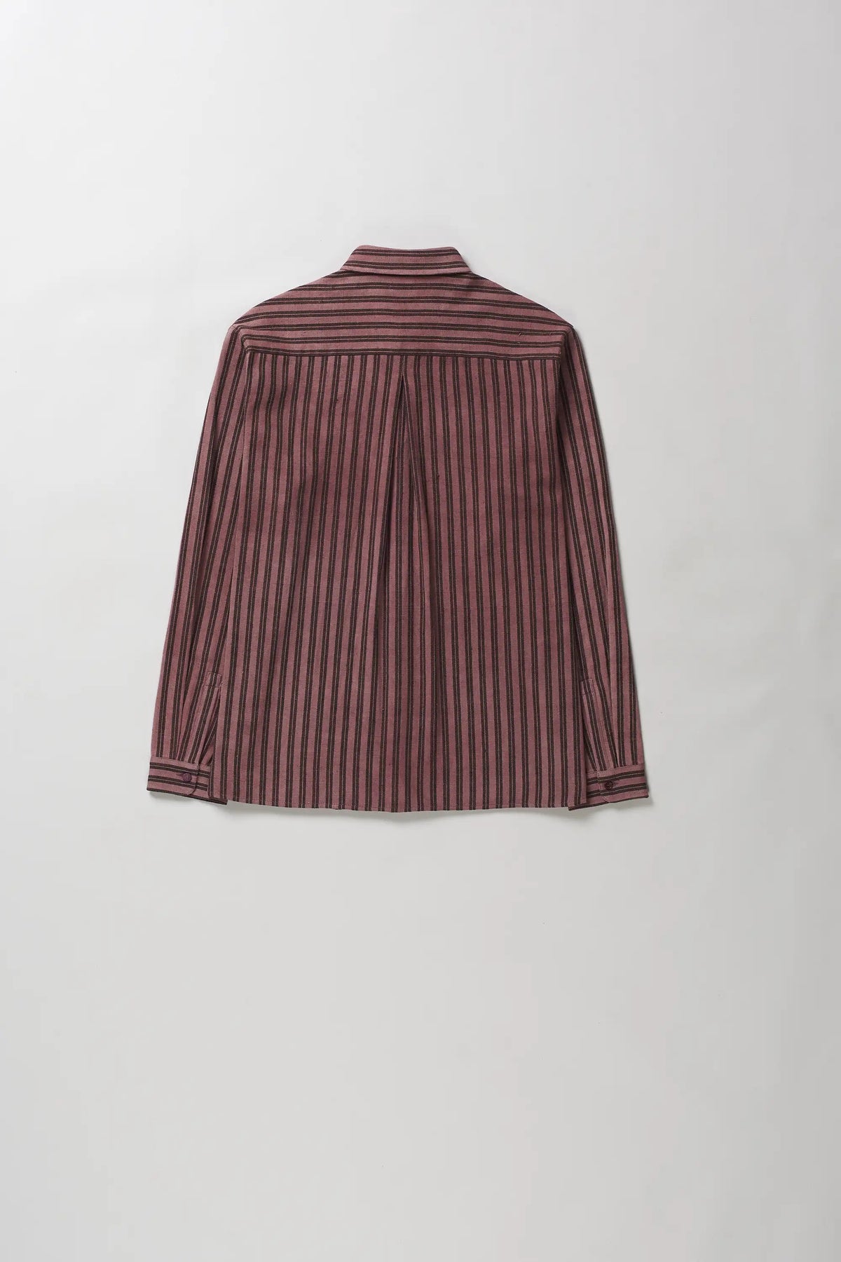 A long-sleeve button-up shirt with vertical stripes in dark red and brown, shown from the back against a light grey background.