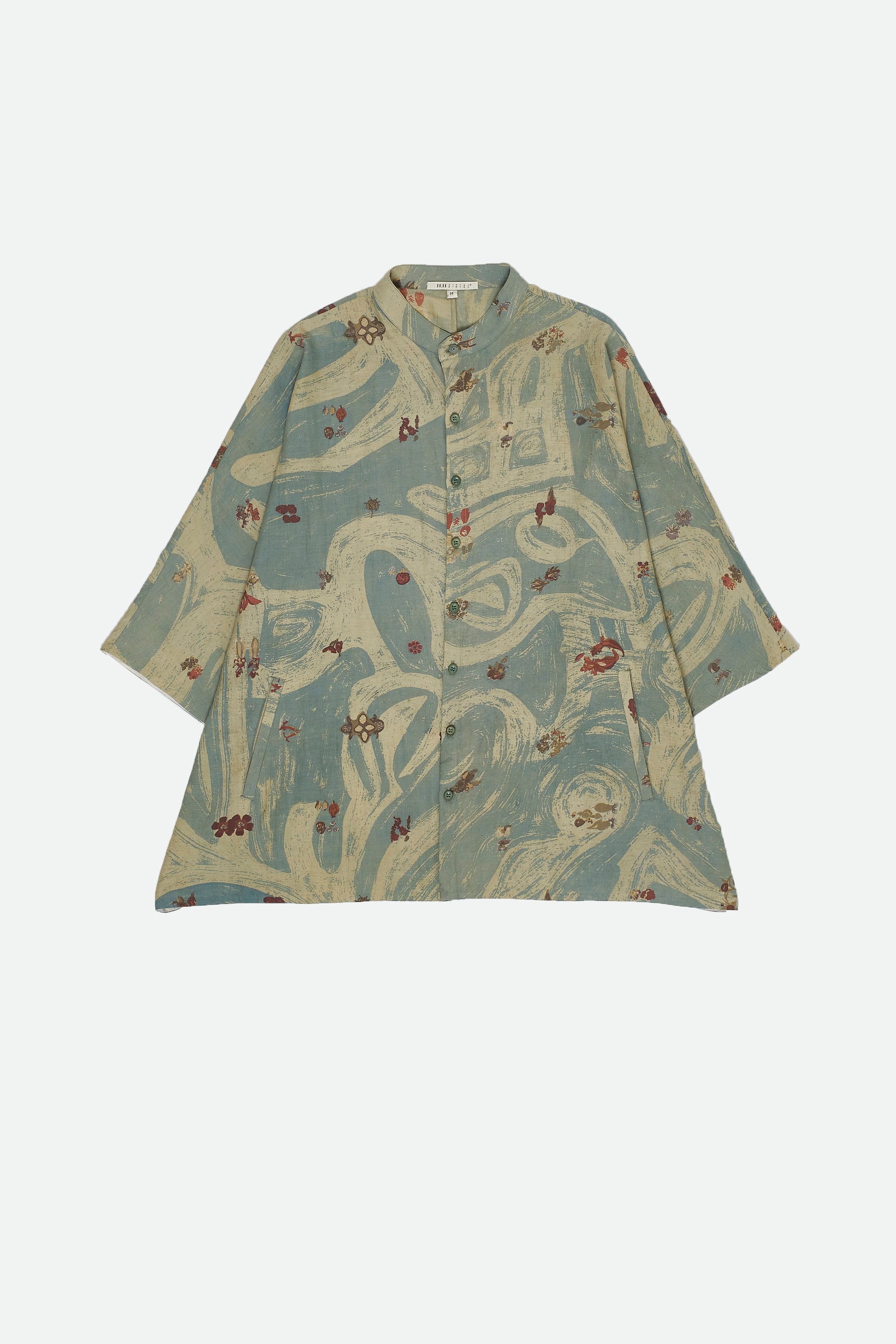 AQUA BLUE COTTON SILK BLEND SCREEN PRINT SHIRT