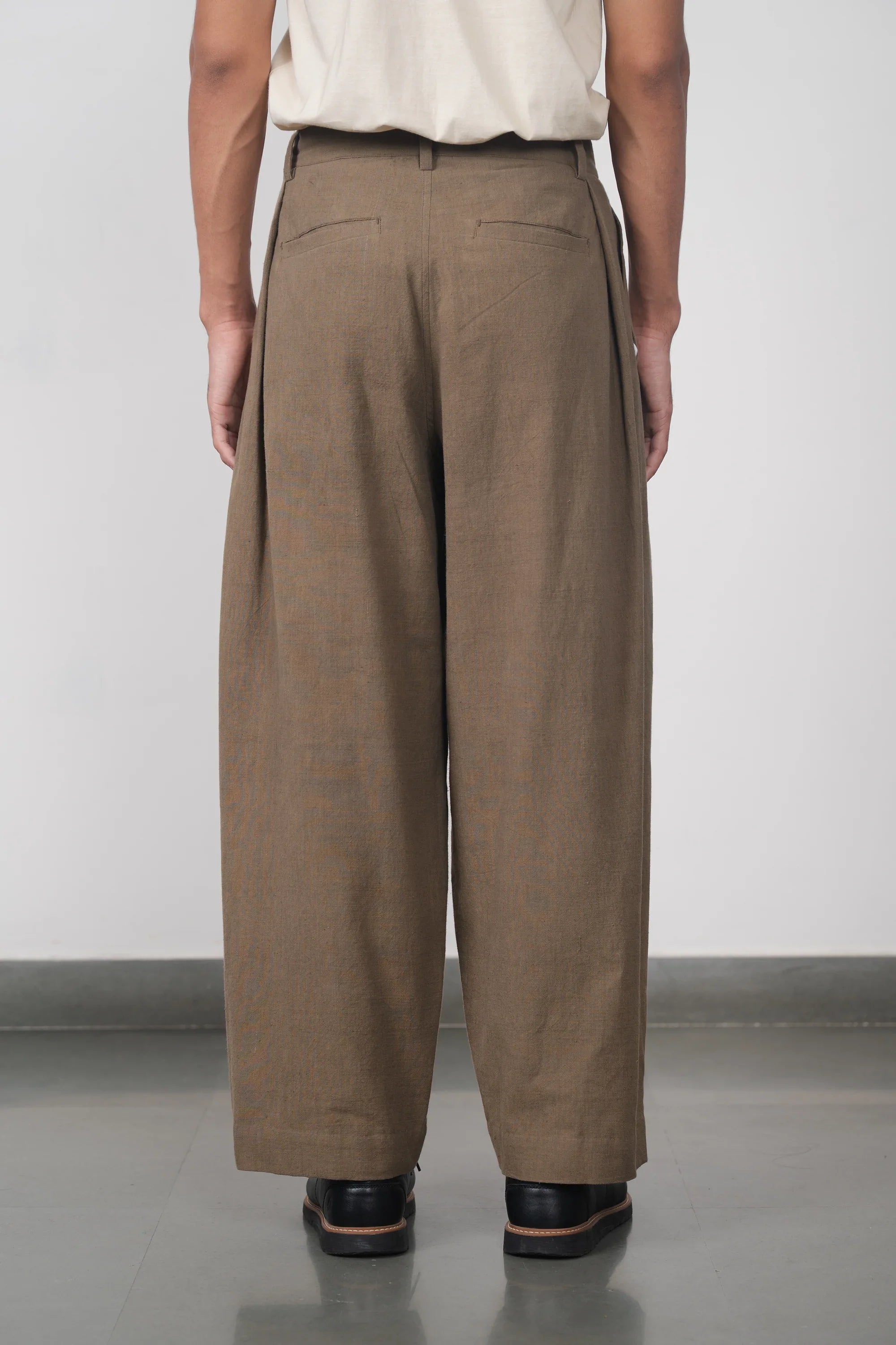 Khakhi Green Cotton Pleated Trousers