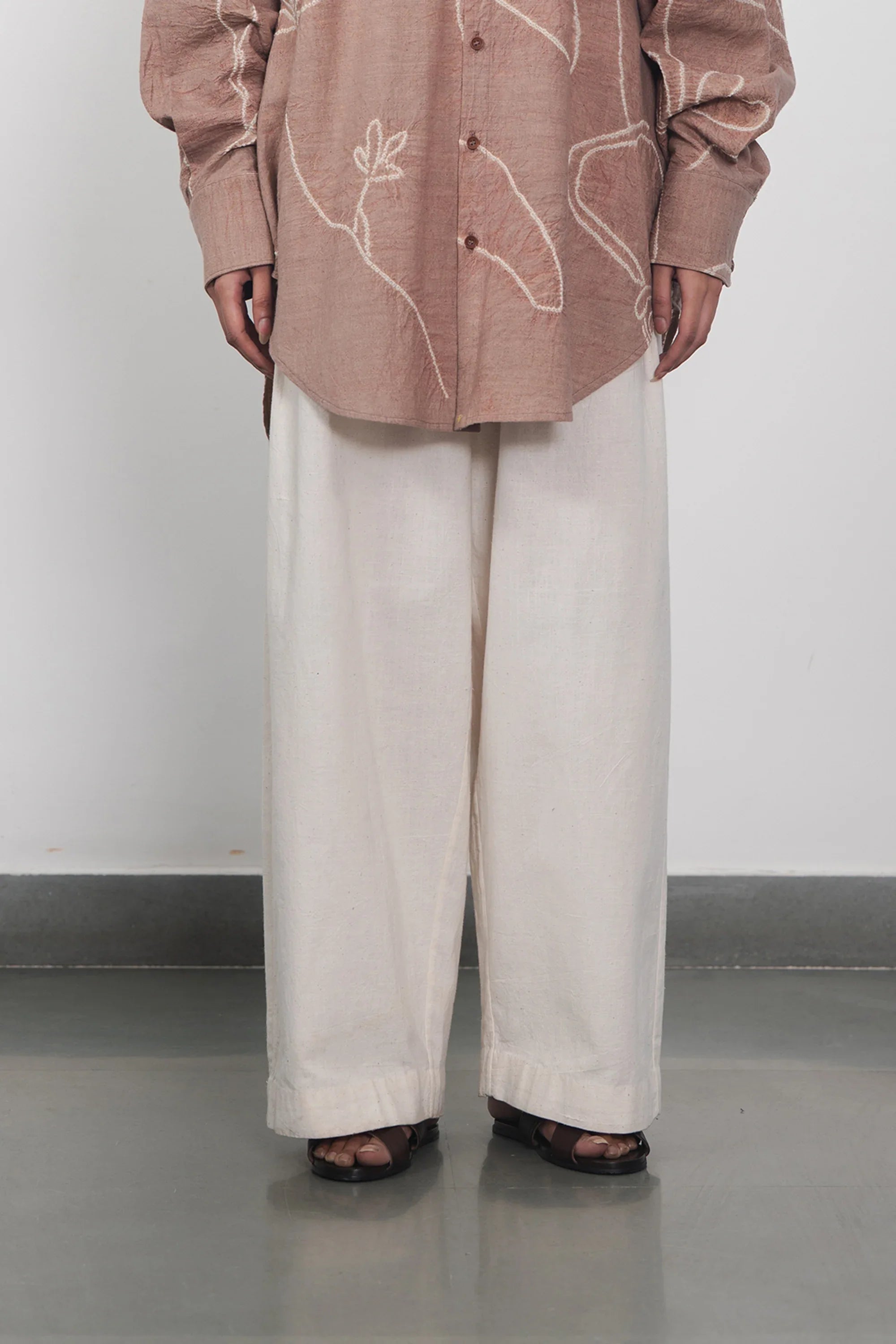 Ecru Cotton Pleated Trousers