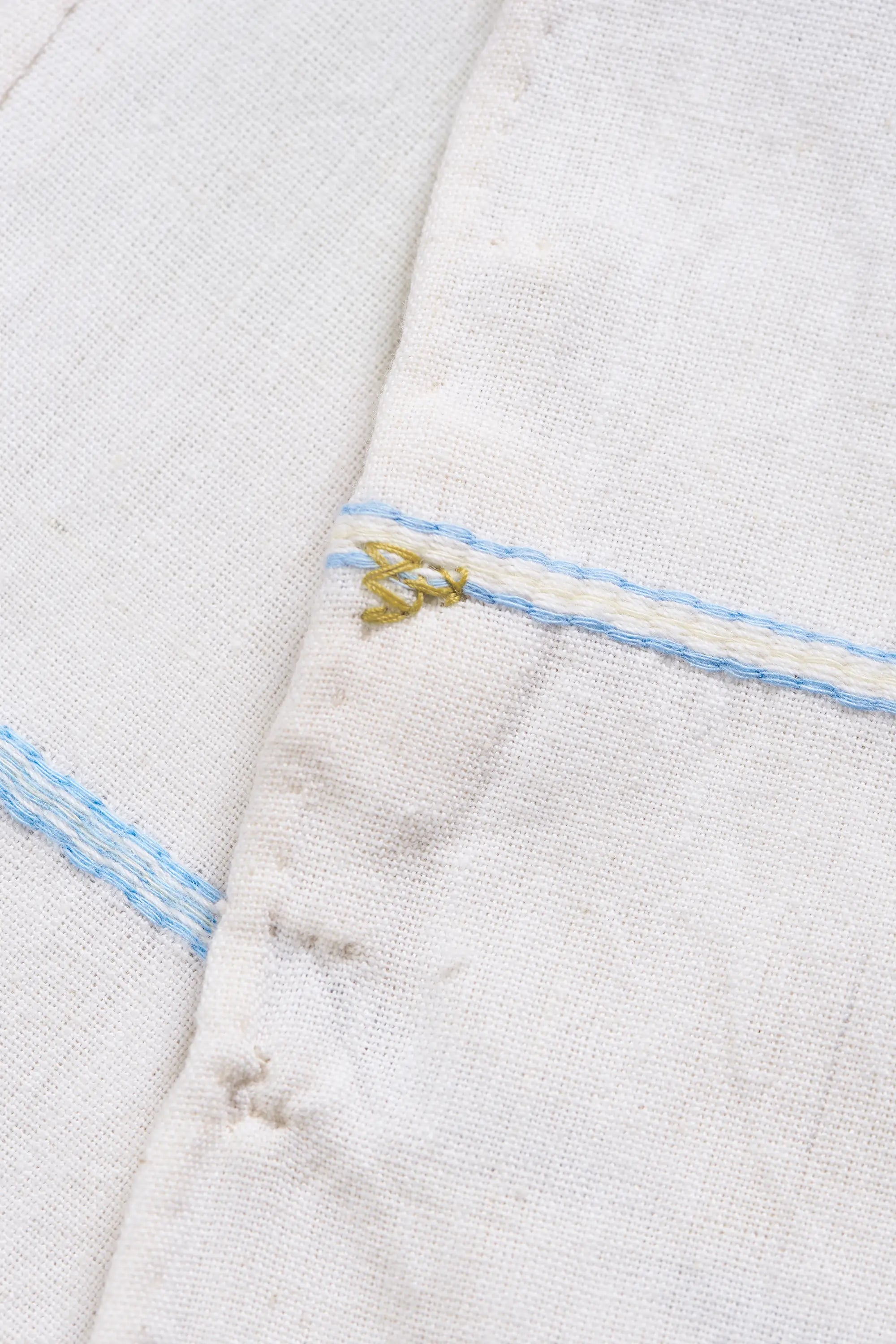 Close-up of a fabric with blue and yellow small pehchan