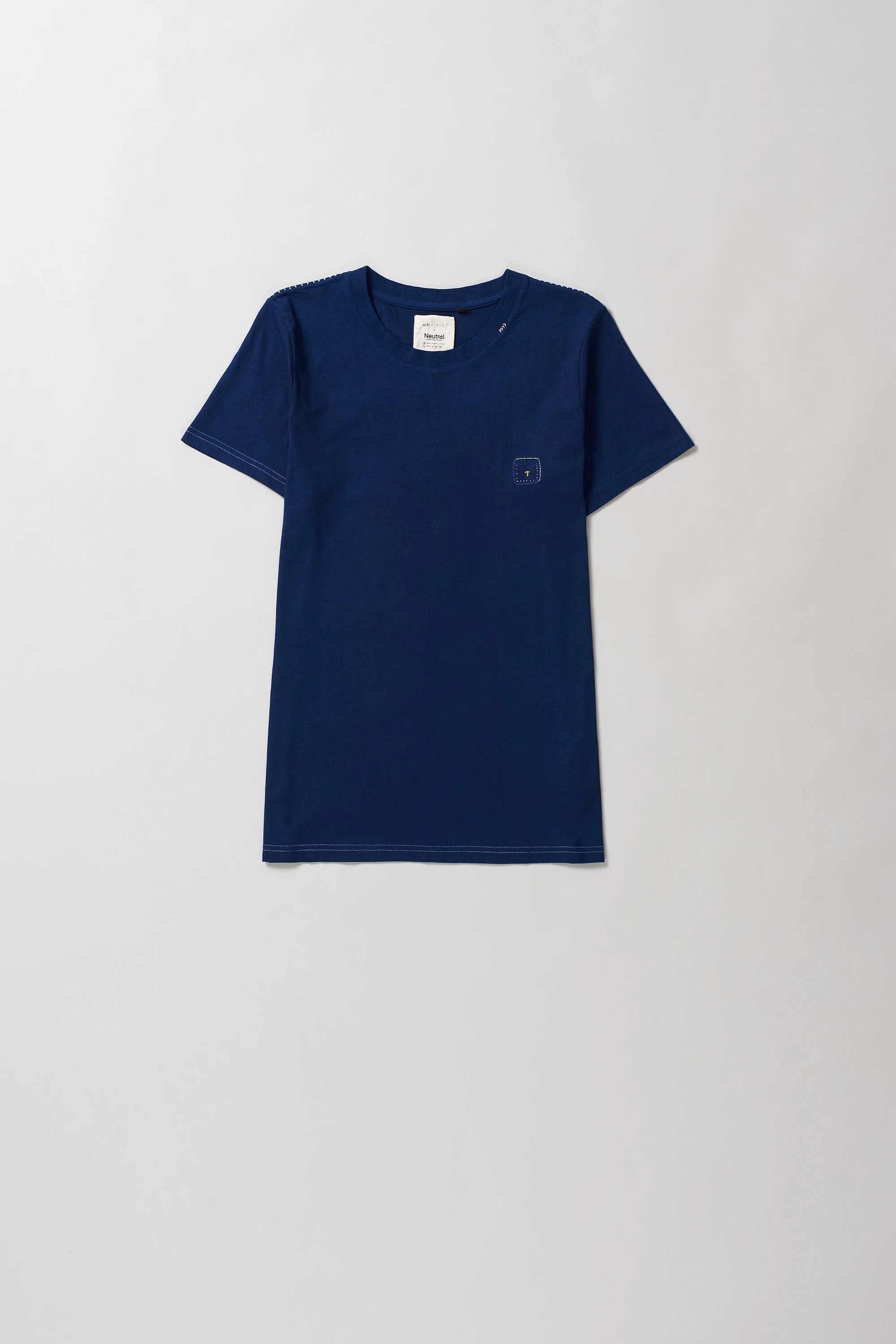 Front image of indigo cotton t-shirt on a grey background