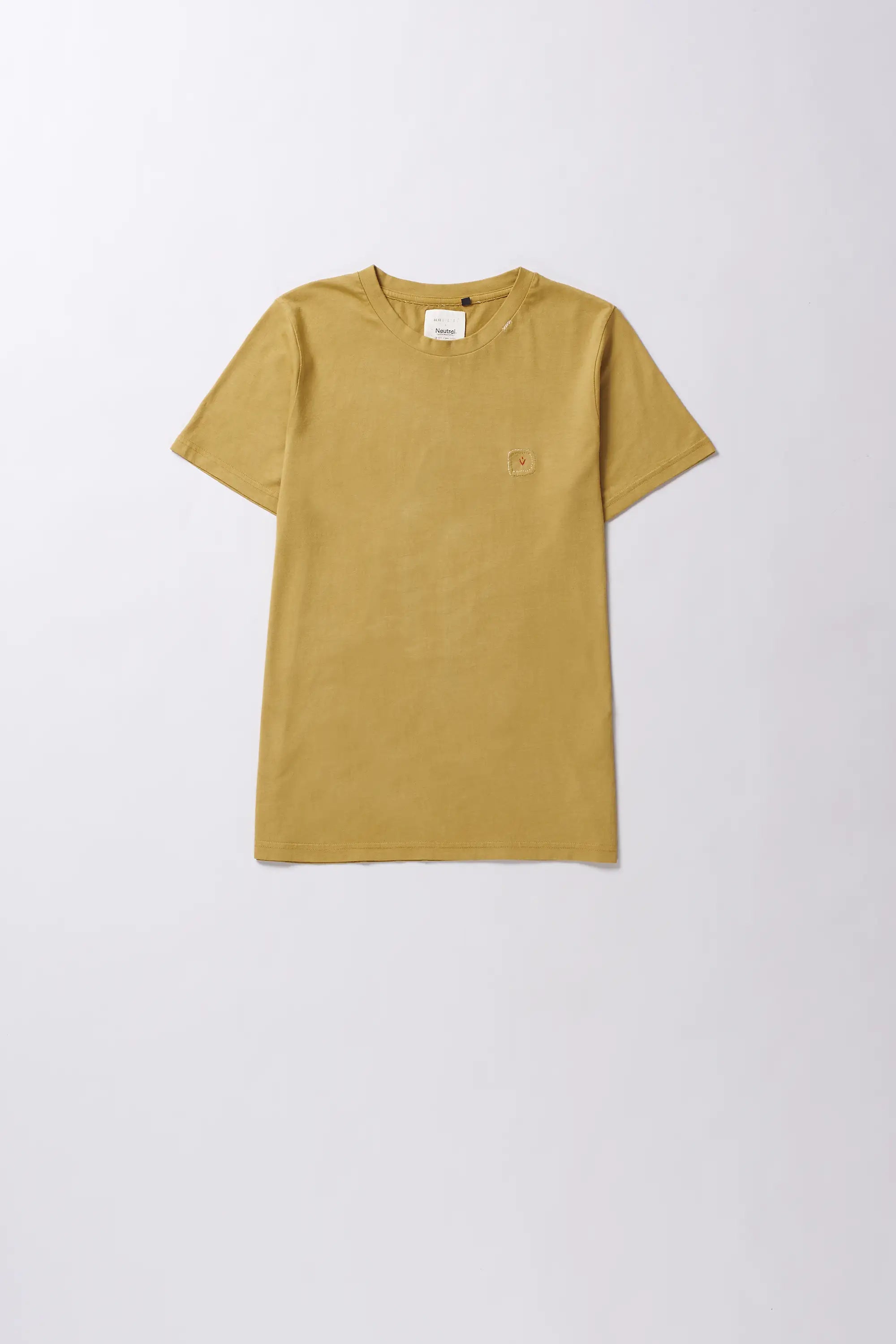 Front image of a ochre yellow cotton t-shirt with hand detail