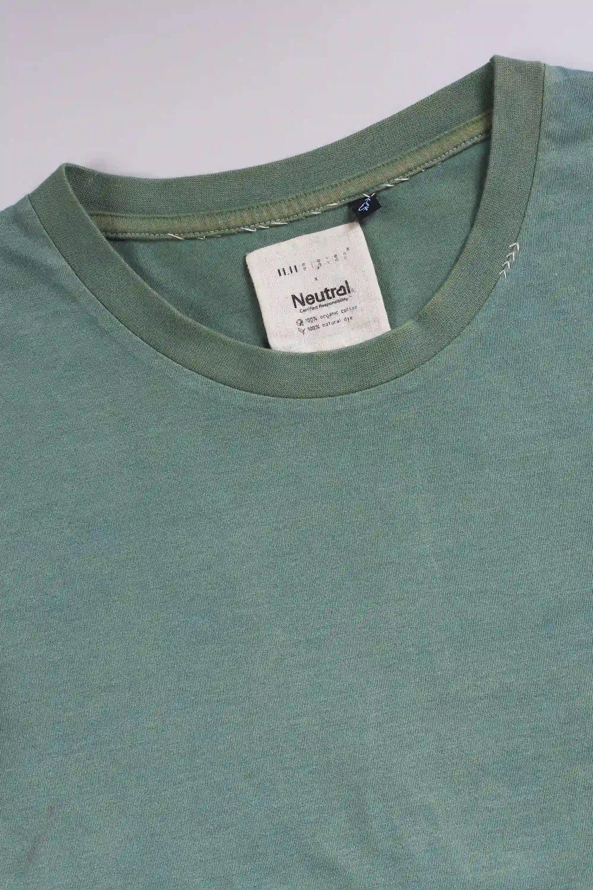 Close-up of a green t-shirt on a light grey background