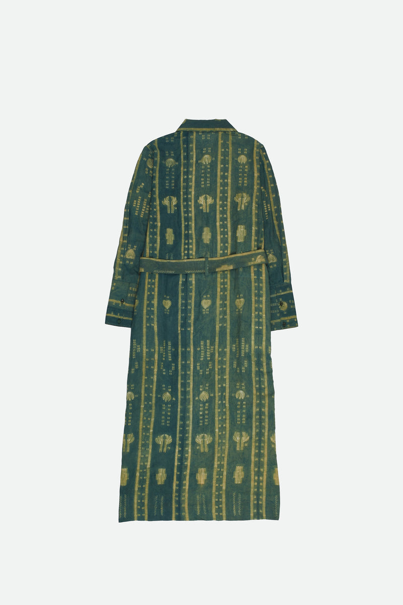 SHIBORI COTTON SILK SHIRT DRESS IN BOTTLE GREEN