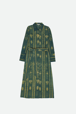 SHIBORI COTTON SILK SHIRT DRESS IN BOTTLE GREEN