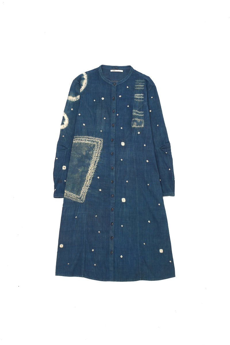 TURQUOISE BUTTON DOWN ORGANIC COTTON DRESS CRAFTED WITH SHIBORI