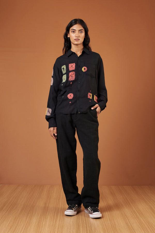 BLACK SOFT SILK MULTICOLOURED SHIBORI SHIRT