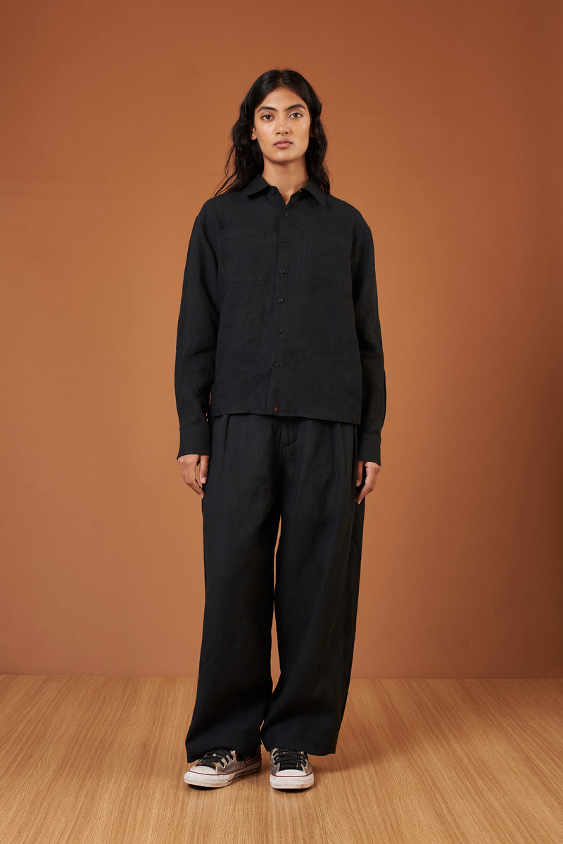 BLACK SOLID LINEN COTTON SHIRT