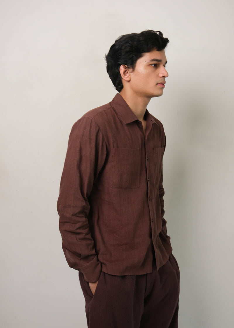 BURNT UMBER COMFORT FIT LINEN SHIRT