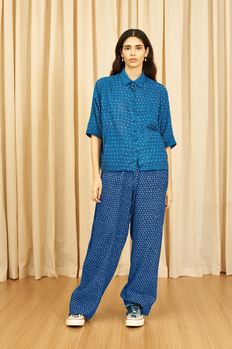 INDIGO COTTON SILK WIDE-LEG TROUSERS FEATURING ALL OVER MINATURE BANDHANI DOTS