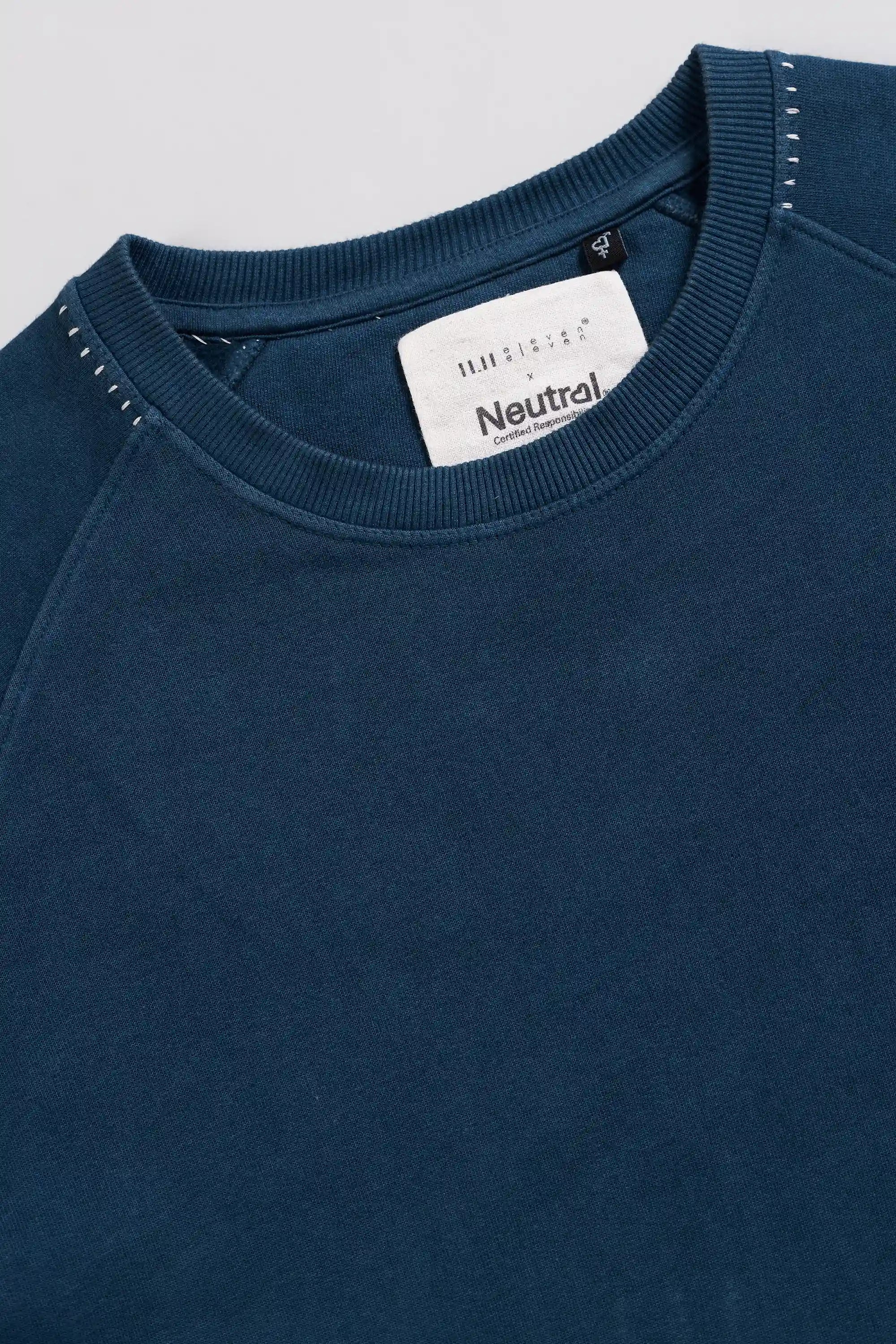Close-up of a space blue sweatshirt with a brand label