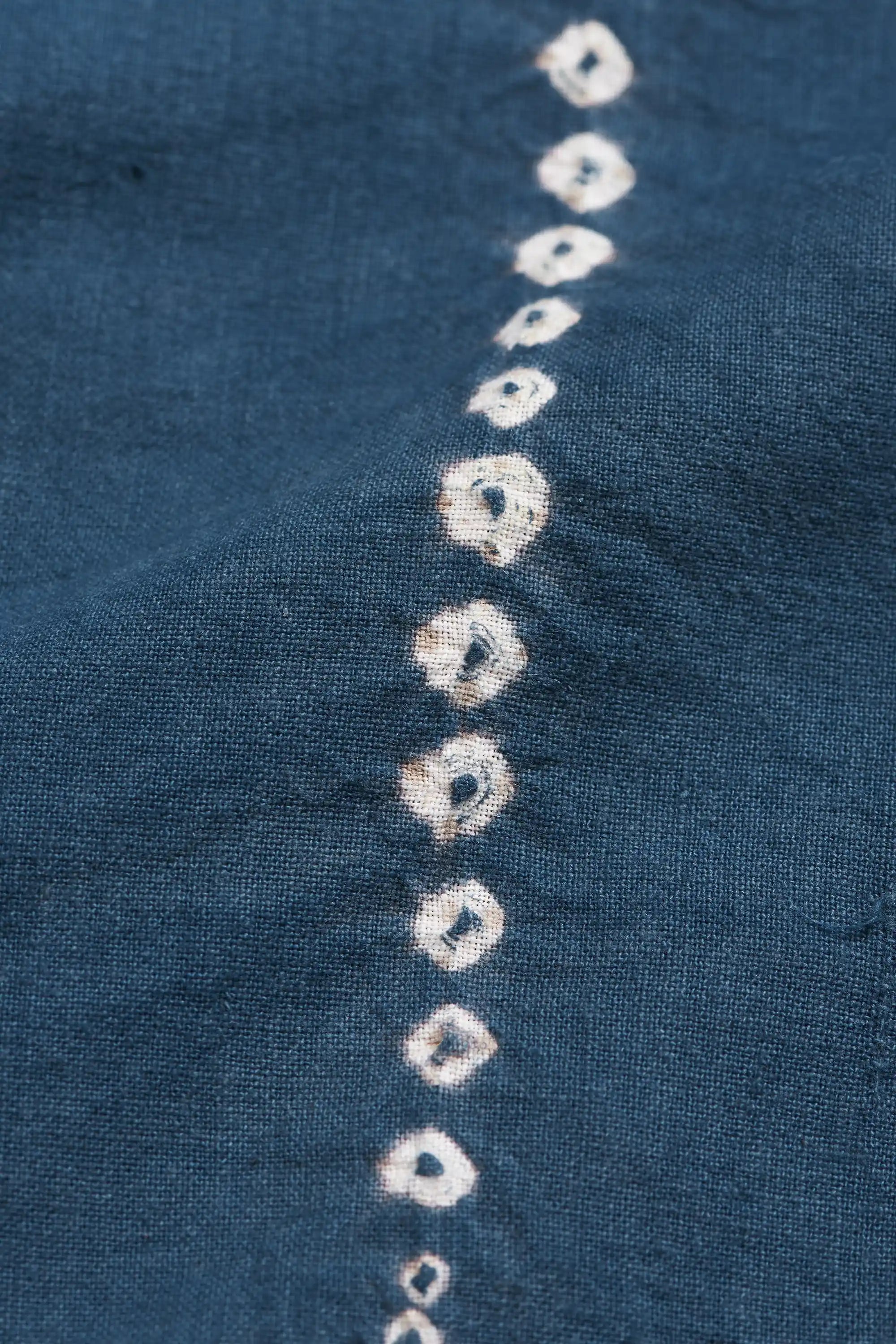 Close-up of blue fabric with hand shibori work