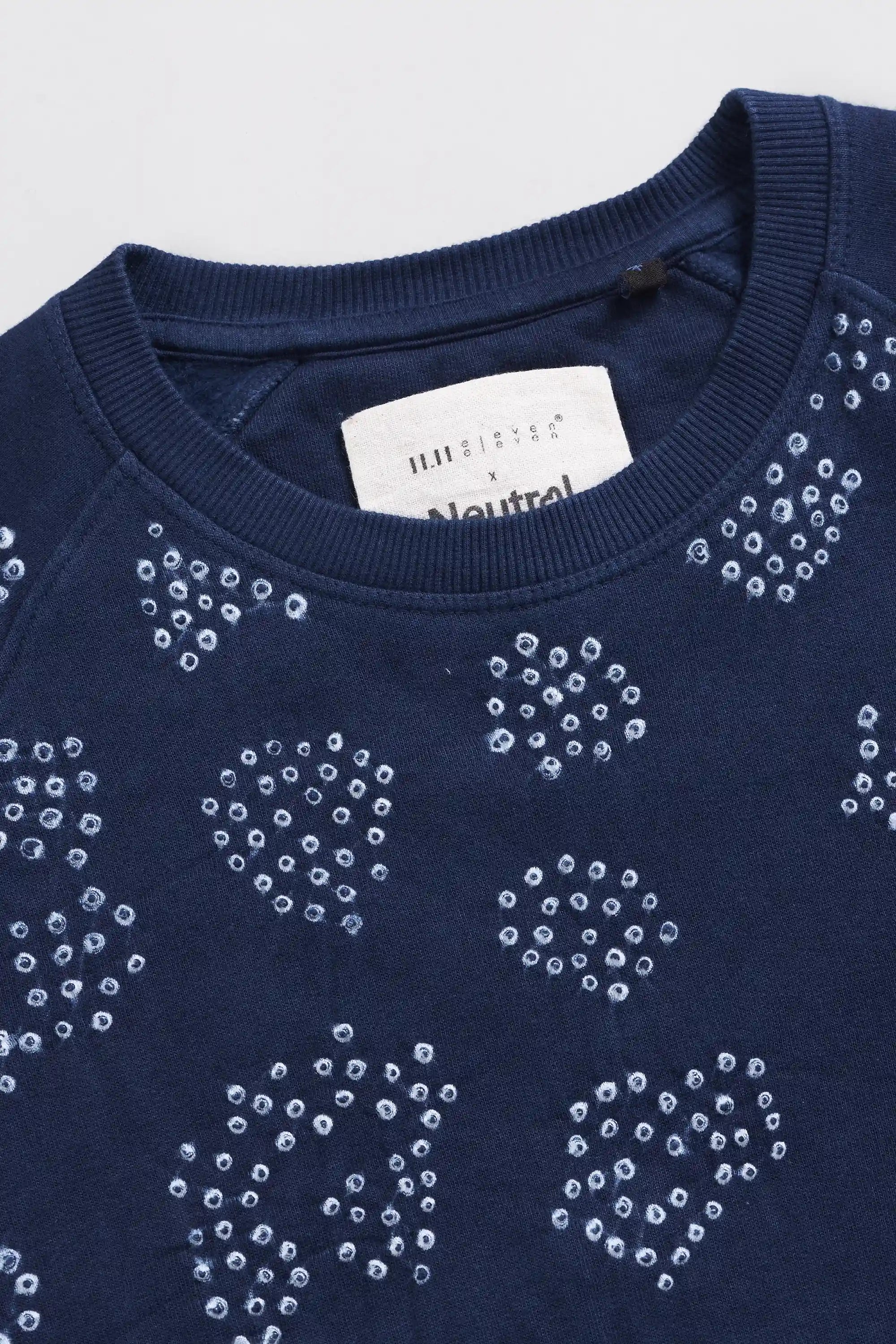 Close-up of a indigo crewneck sweatshirt.