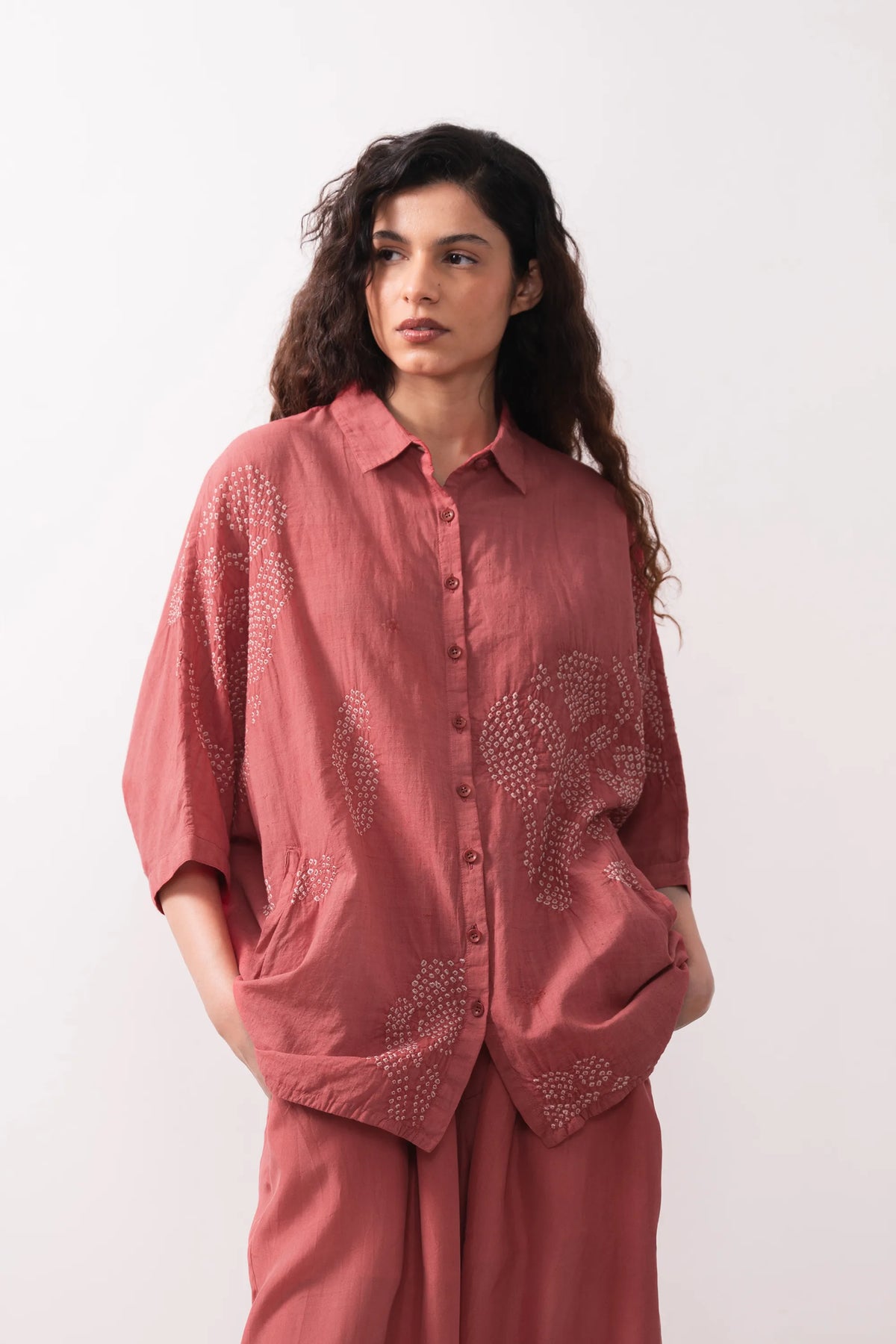 Cotton Bandhani Shirt in Pink Wood
