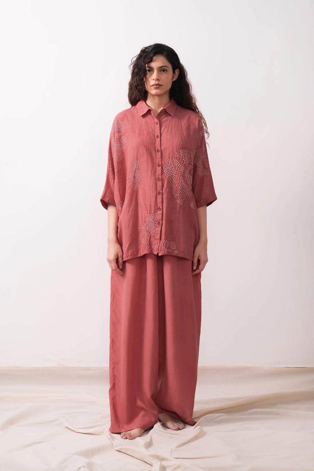 Cotton Bandhani Shirt in Pink Wood