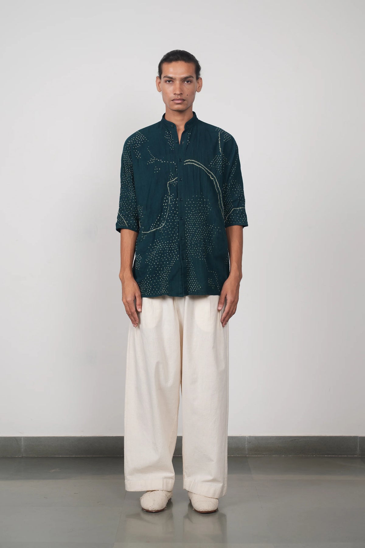 Organic Cotton Bandhani Shirt in Bottle Green