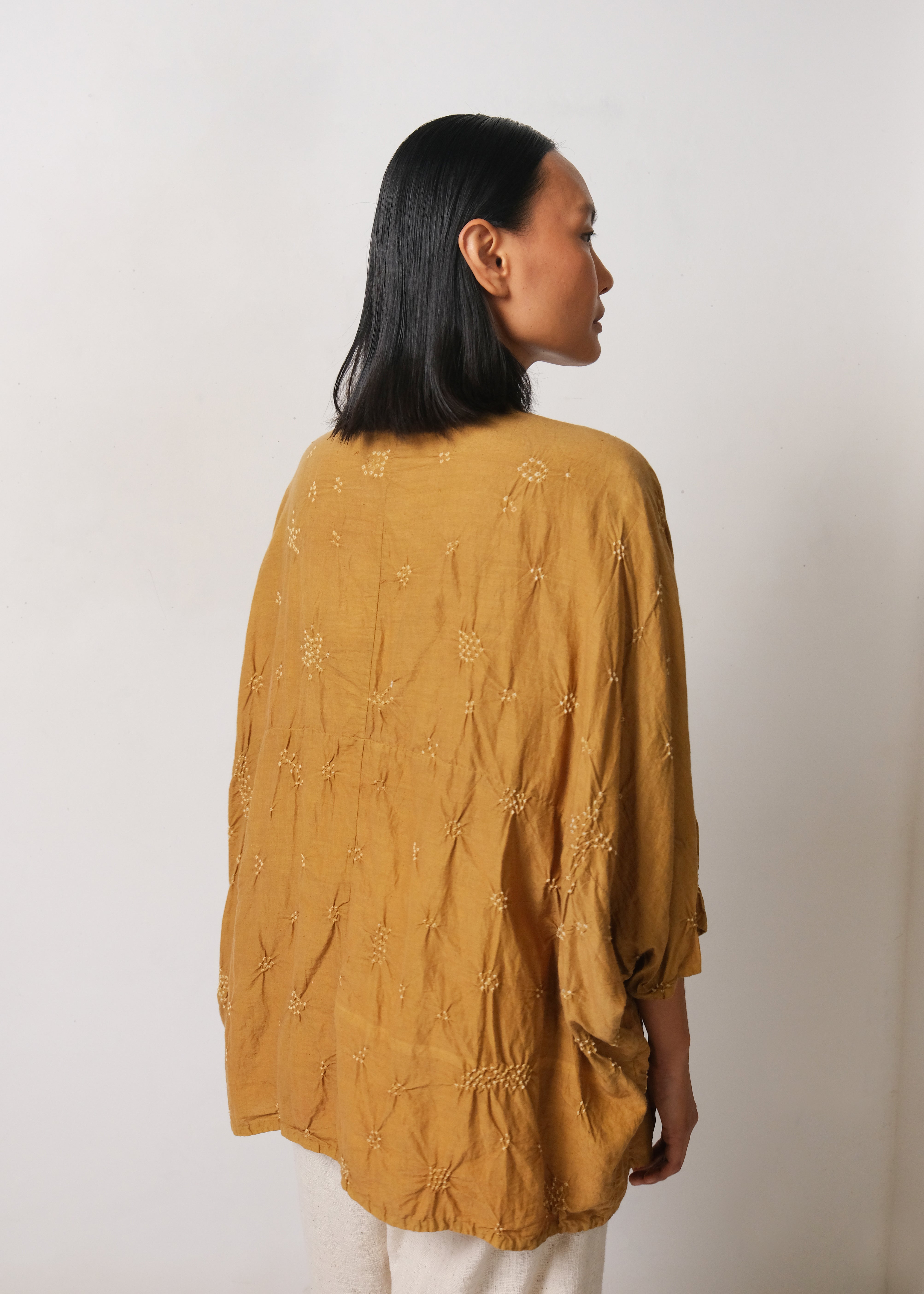 FLAXEN YELLOW BANDHANI BAND COLLAR SHIRT