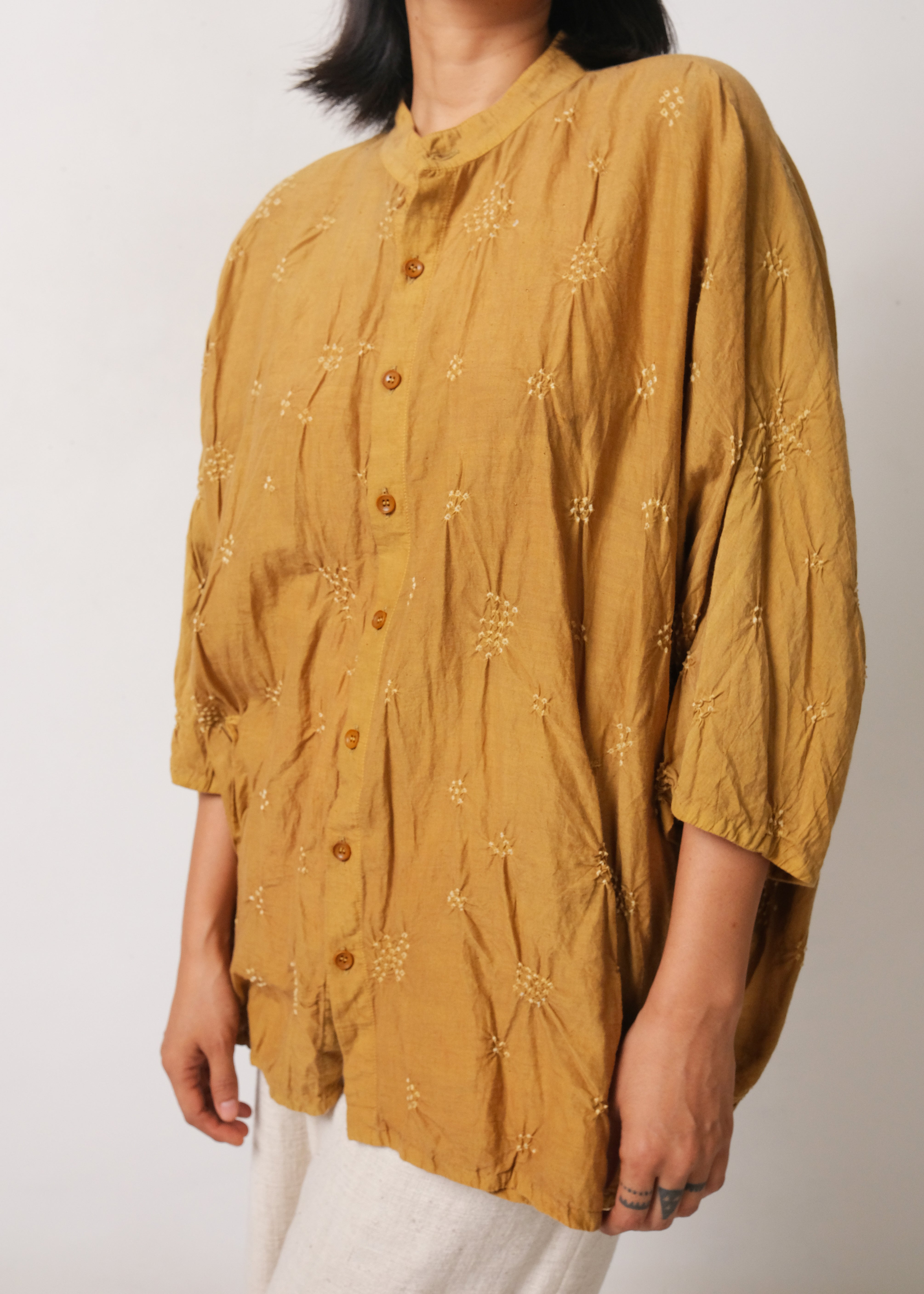 FLAXEN YELLOW BANDHANI BAND COLLAR SHIRT