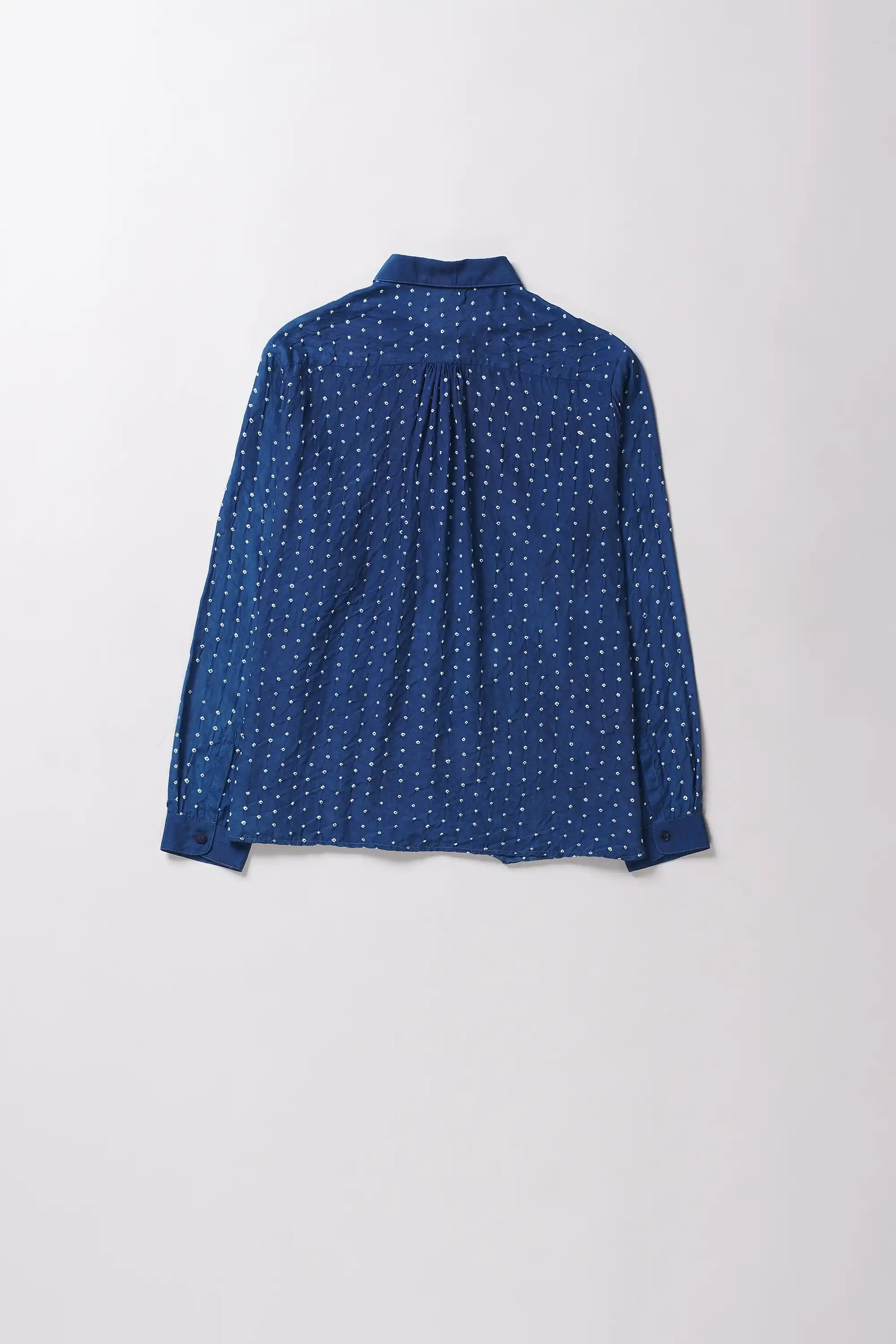Back shot of a medium indigo bandhani shirt