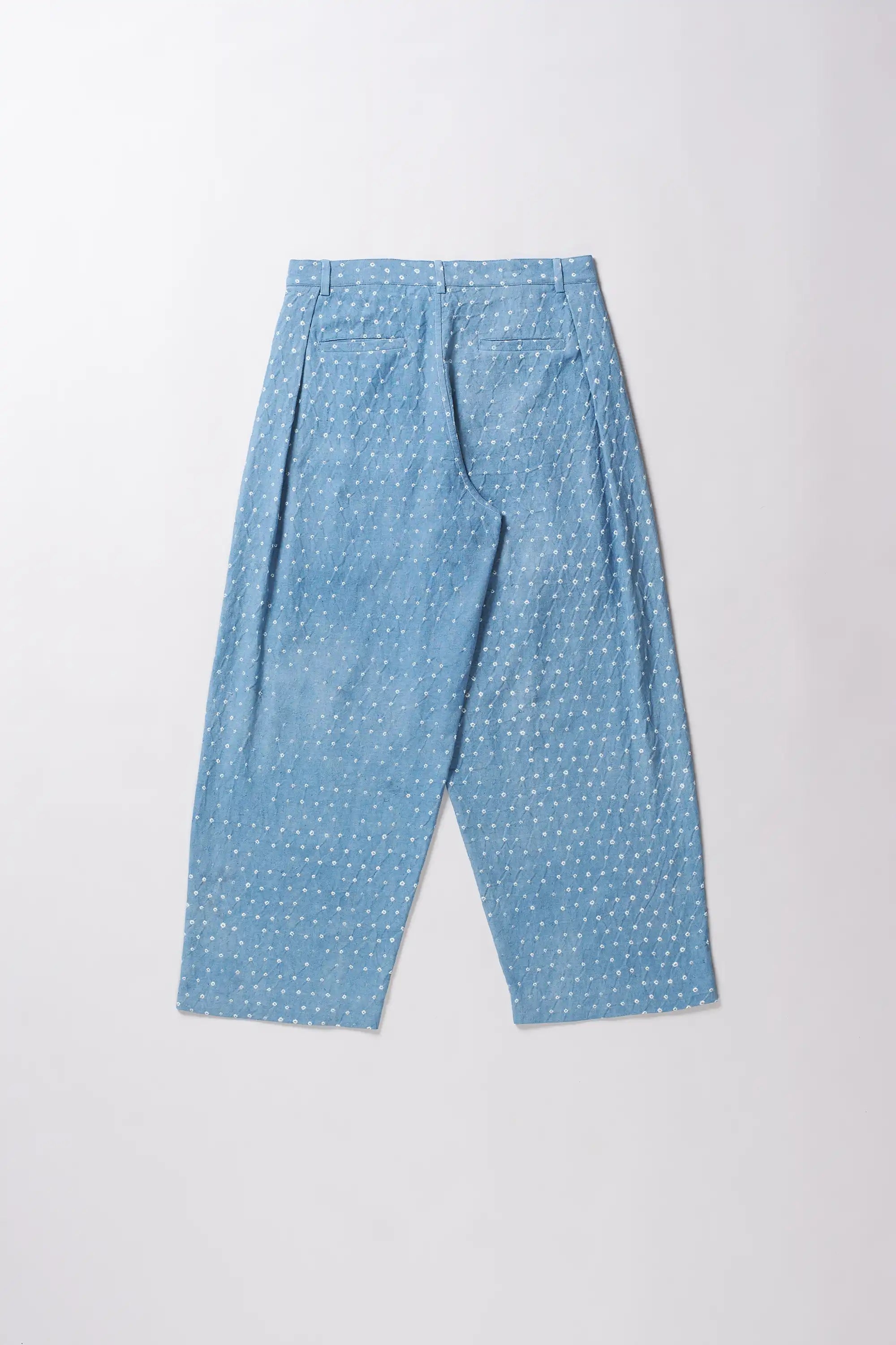 Back shot of a powder blue bandhani pant
