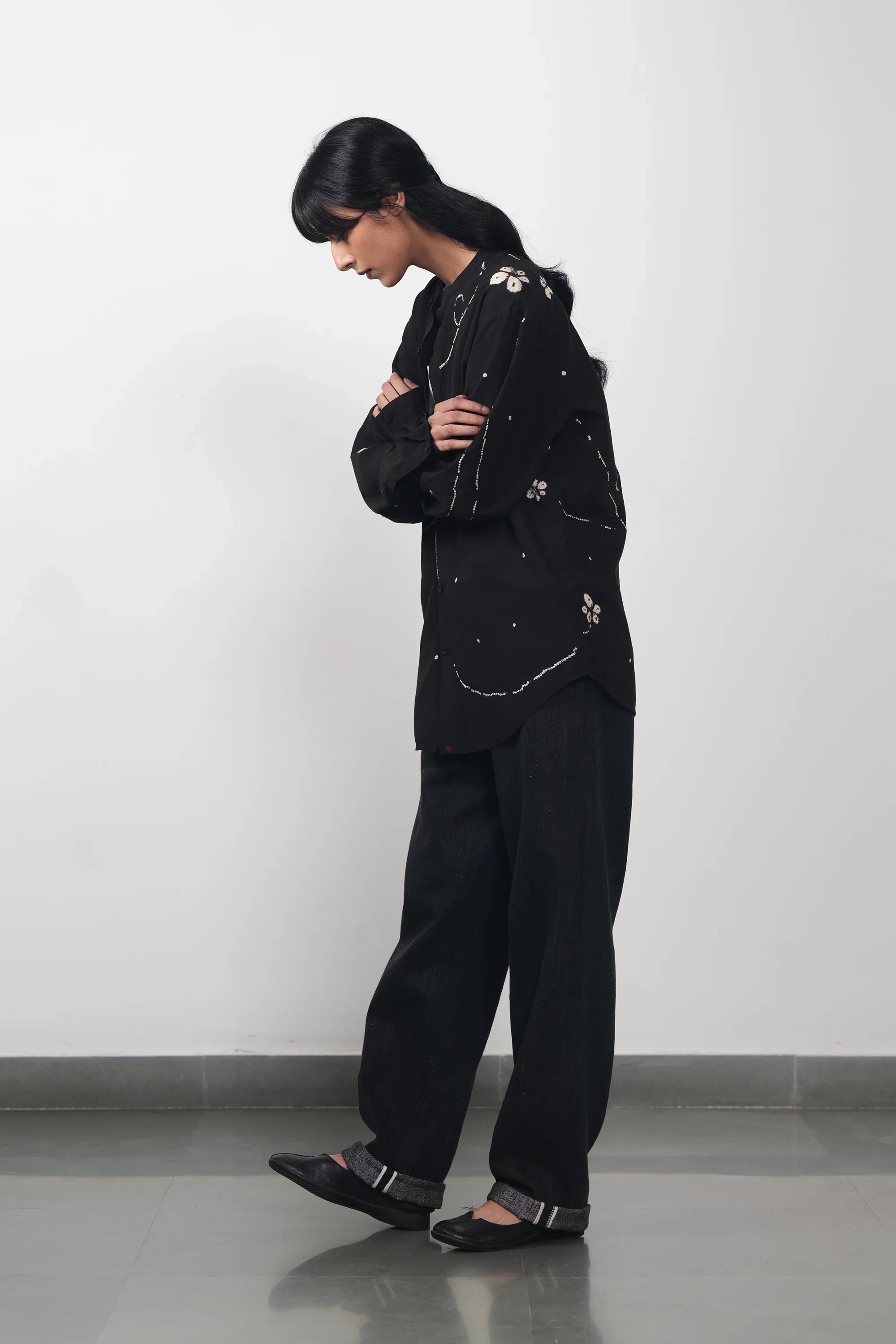 Band Collar Bandhani Shirt in Black