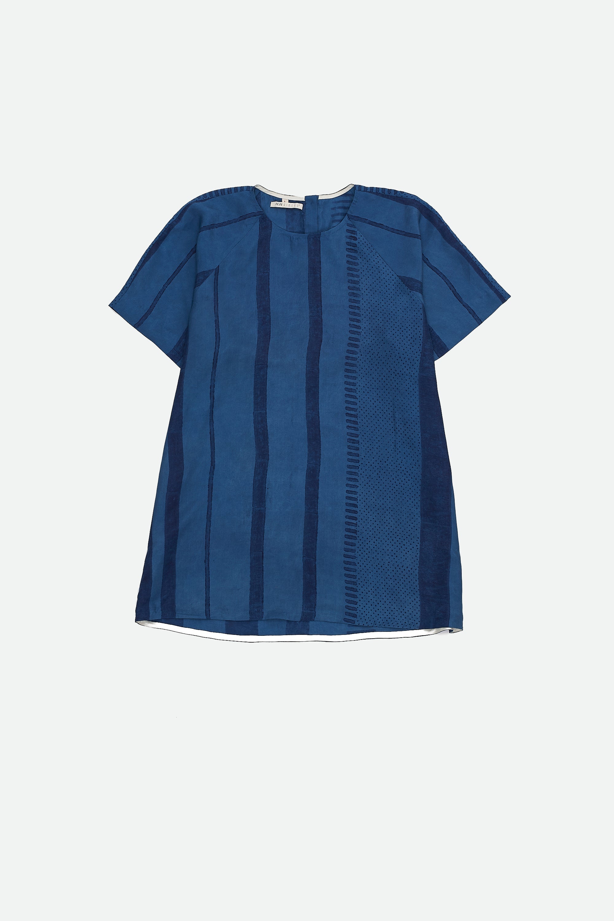 MEDIUM INDIGO SILK BLOCK PRINT WOVEN T-SHIRT