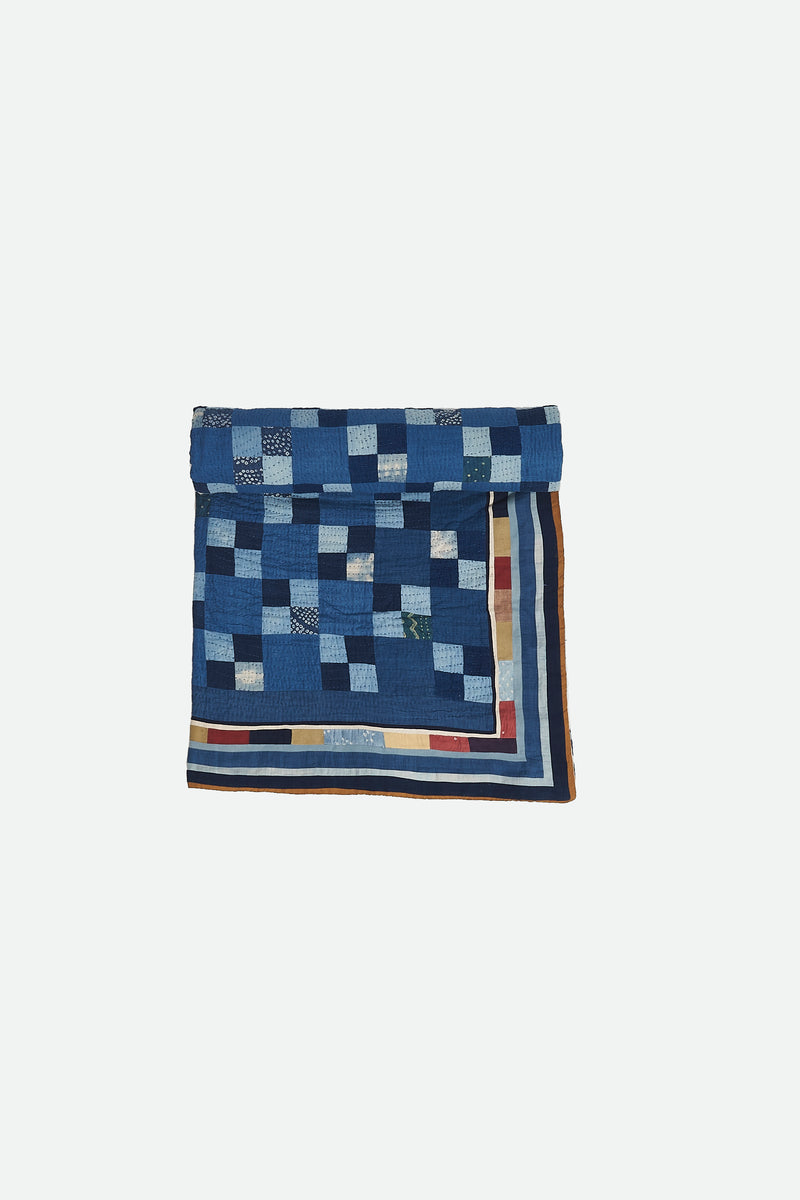 HAND EMBROIDERED PATCHWORK QUILT IN SHADES OF INDIGO