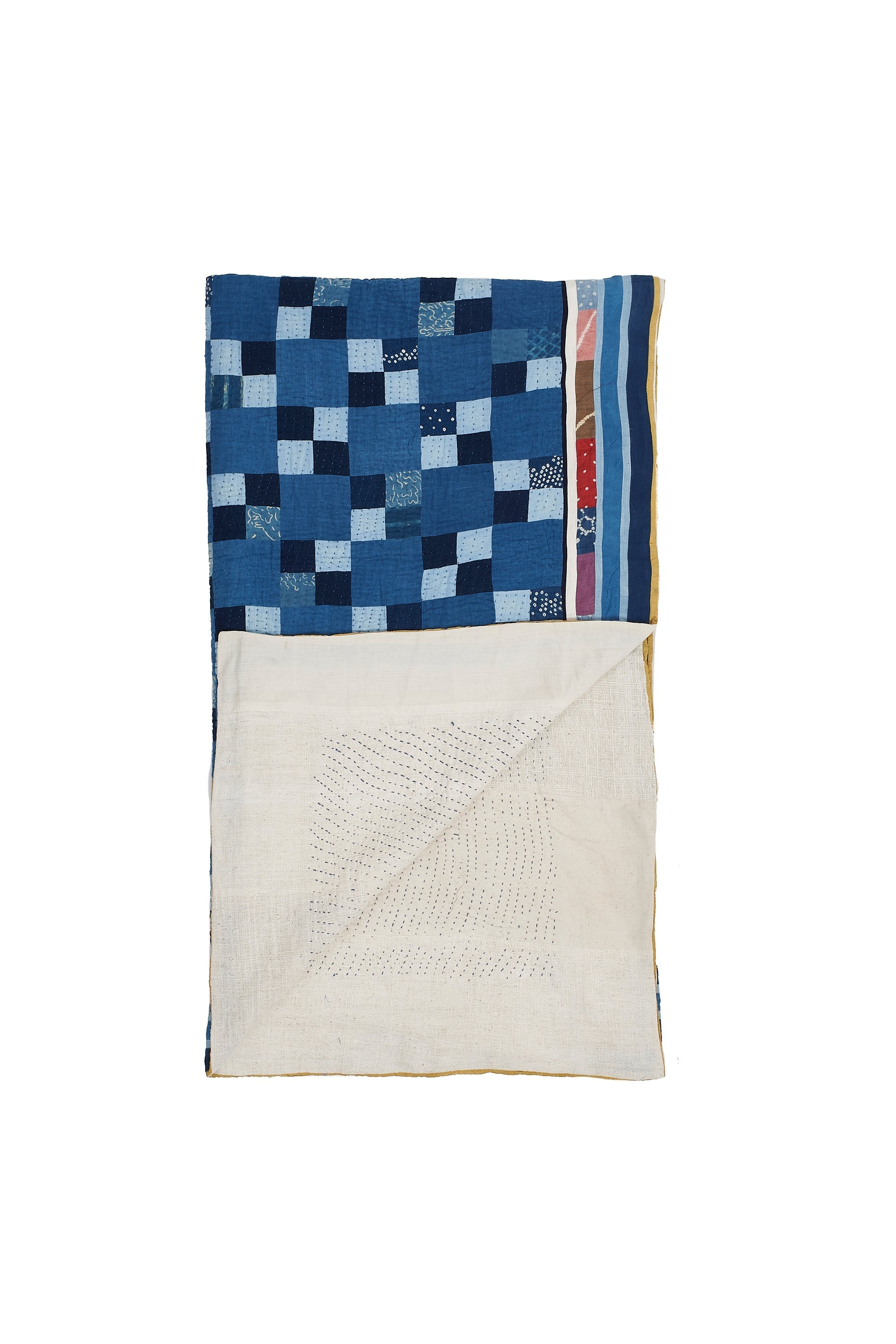 Hand Embroidered Patchwork Quilt in Shades Of Indigo