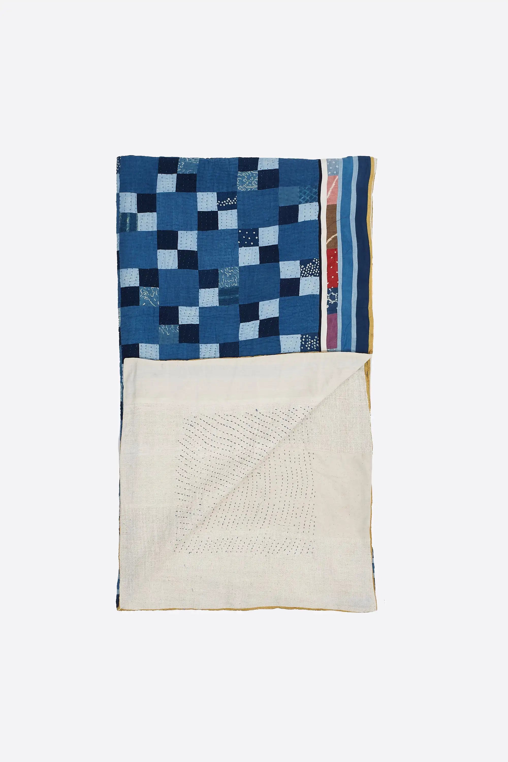 Hand Embroidered Patchwork Quilt in Shades Of Indigo