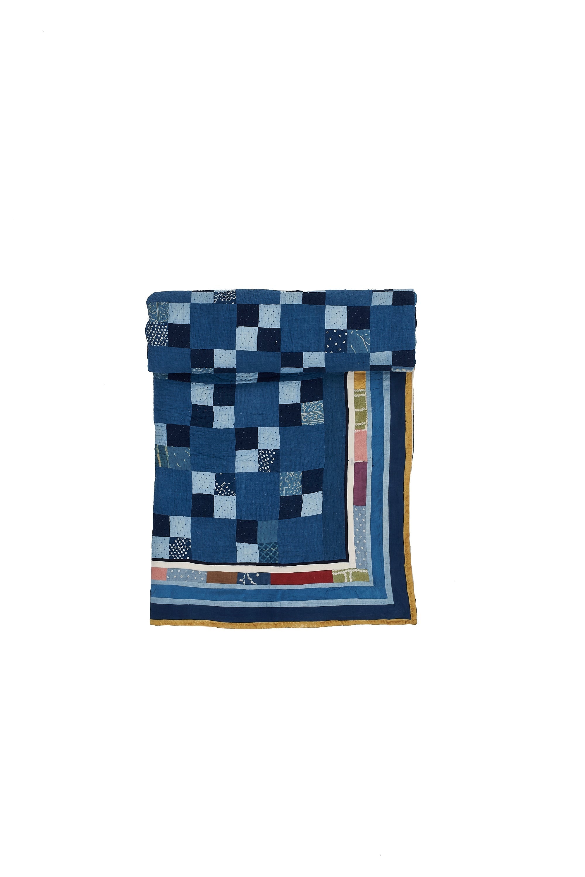 Hand Embroidered Patchwork Quilt in Shades Of Indigo