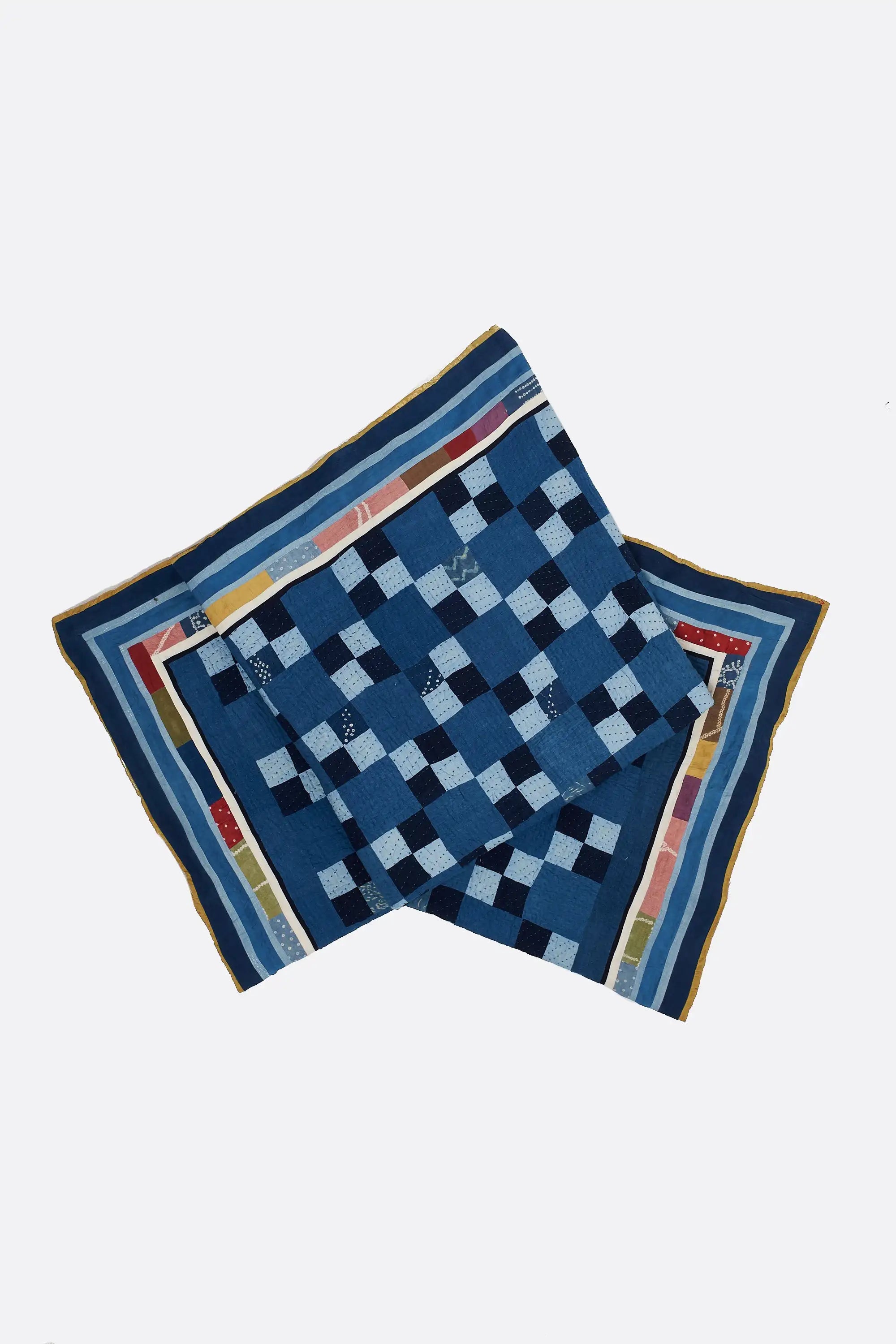 Hand Embroidered Patchwork Quilt in Shades Of Indigo