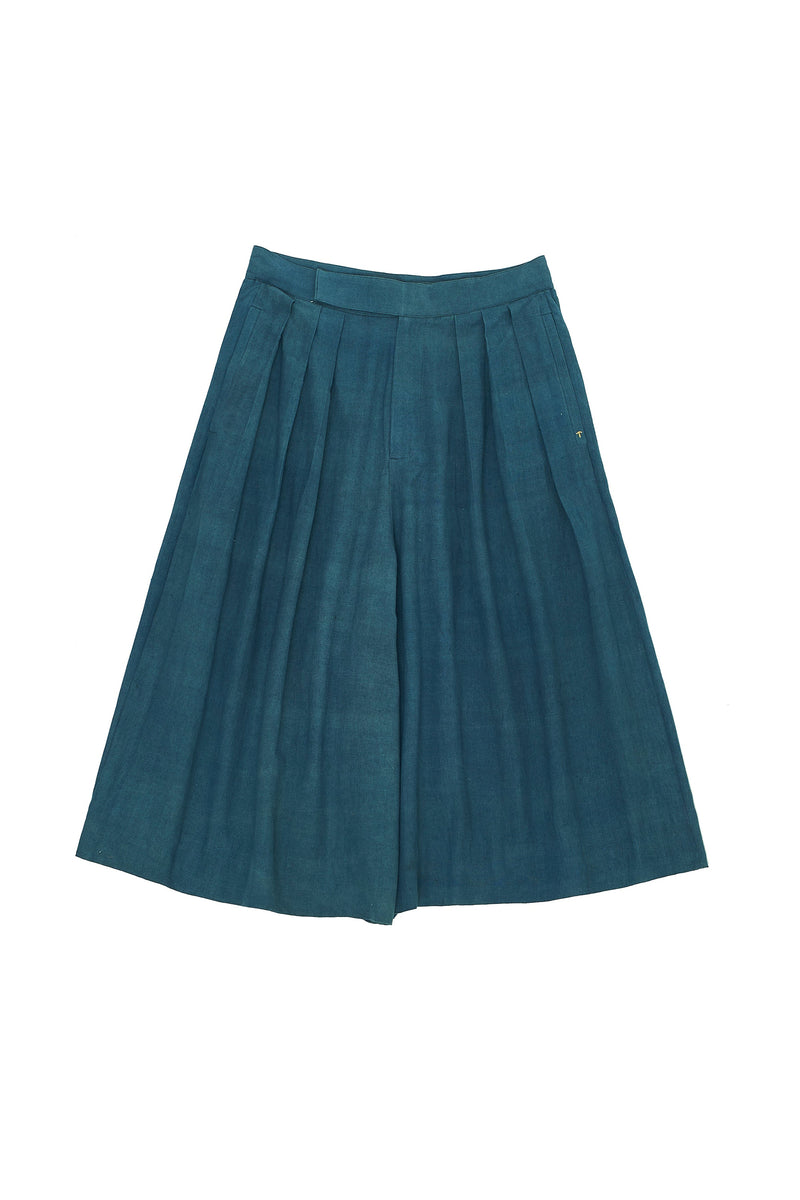 Turquoise Pleated Culottes In Handspun Cotton