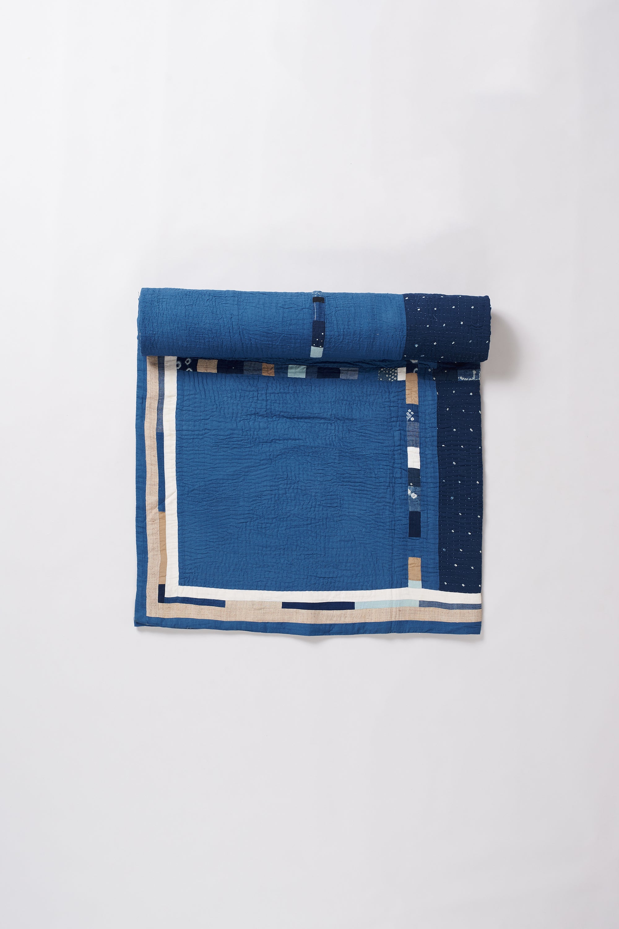 Hand Embroidered Patchwork Quilt in Shades Of Indigo