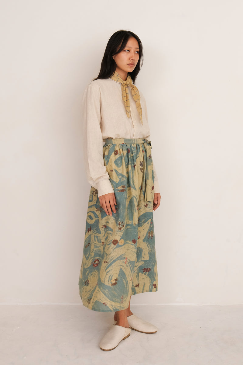 COTTON SILK BLEND SCREEN PRINT SKIRT