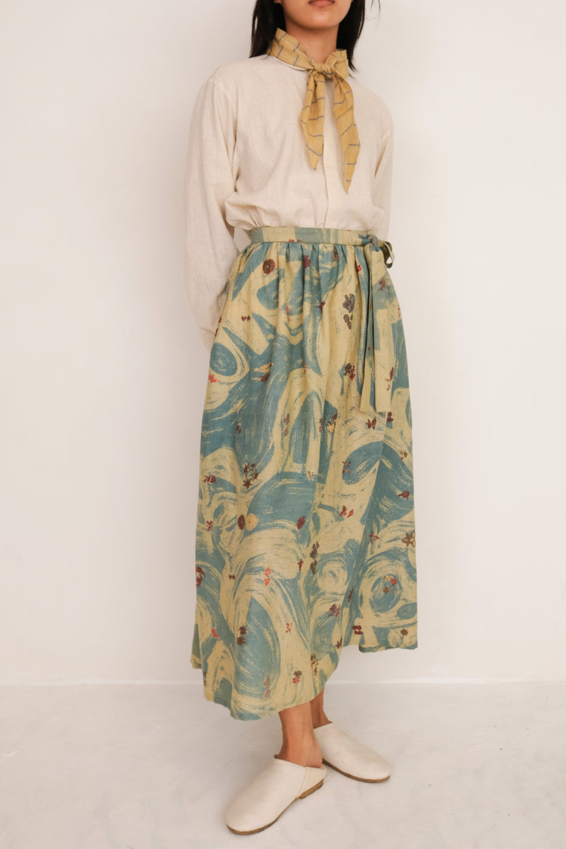 COTTON SILK BLEND SCREEN PRINT SKIRT