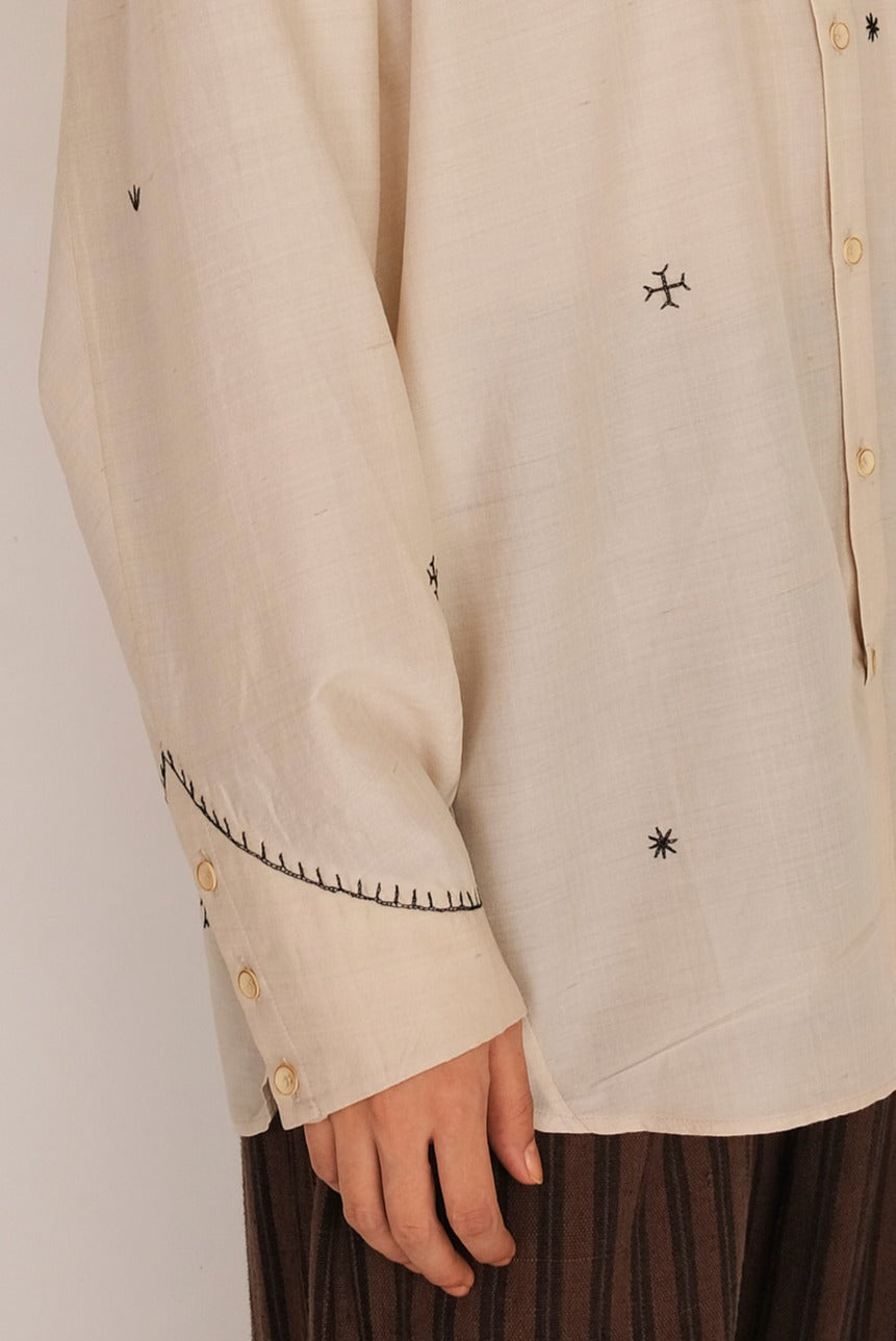 Ecru Cotton & Silk Embroidered Shirt