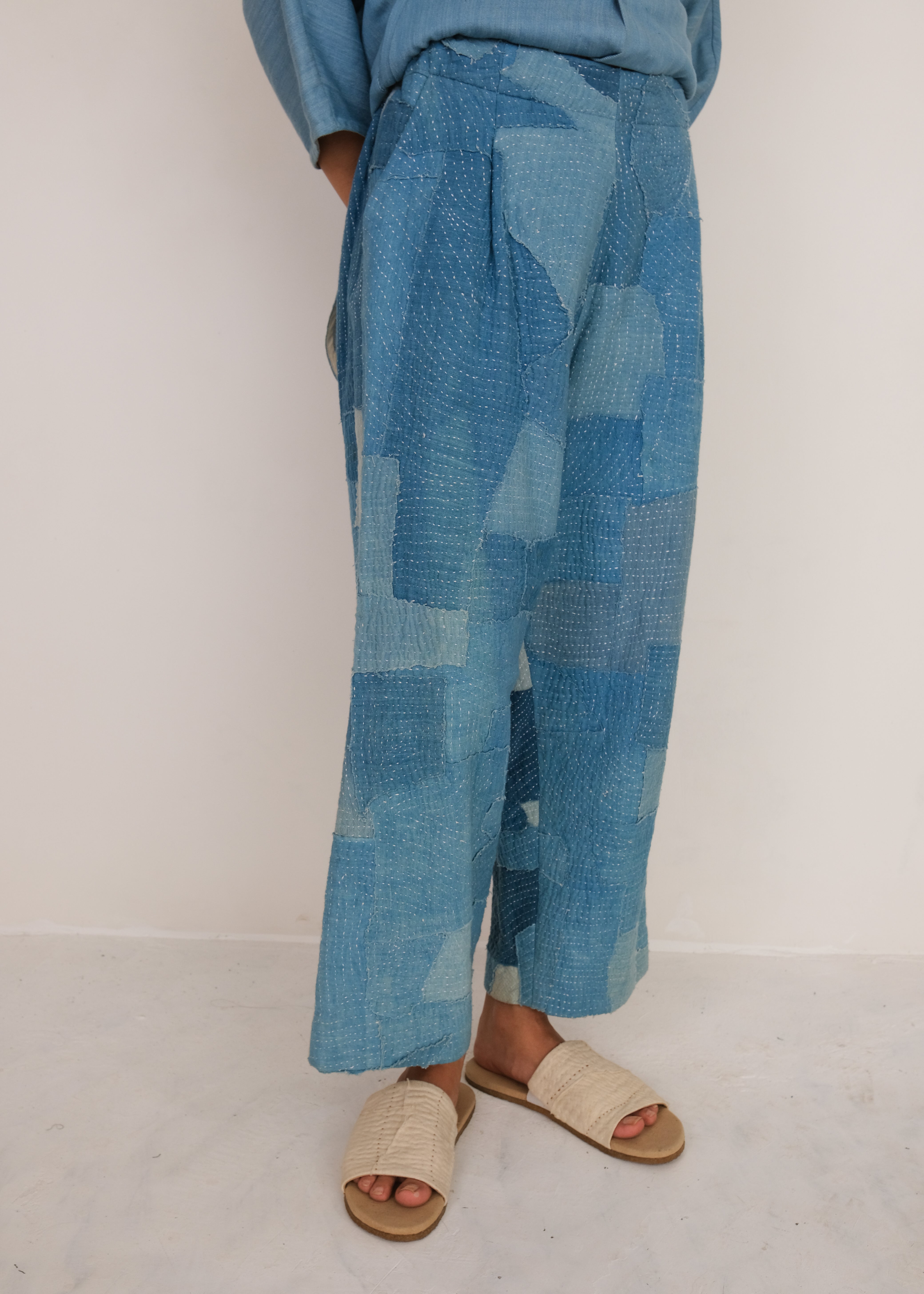 INDIGO DYED PATCHWORK PANTS