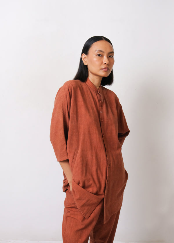 BRICK RED COTTON LINEN SHIIRT