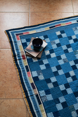 HAND EMBROIDERED PATCHWORK QUILT IN SHADES OF INDIGO