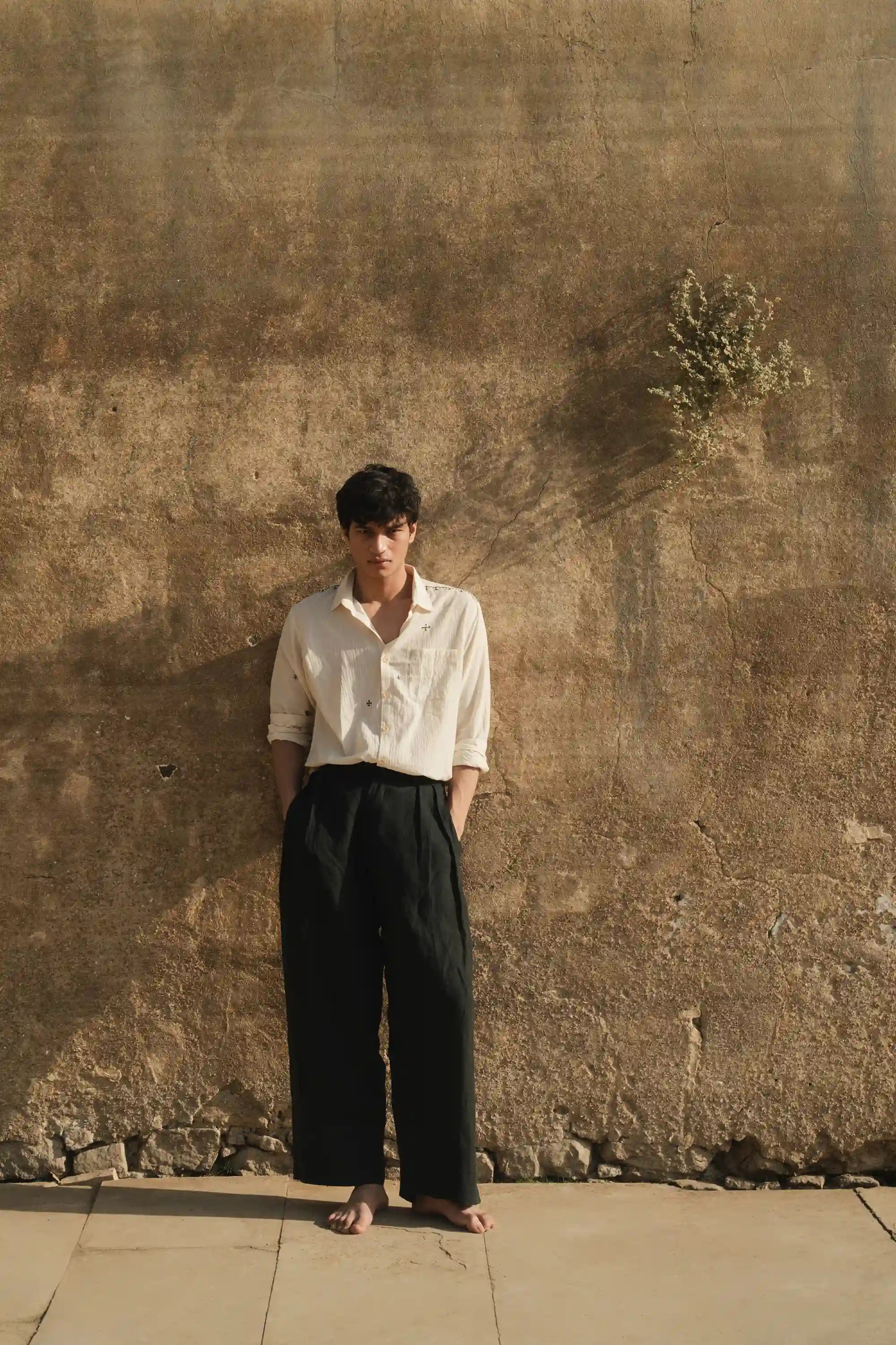 Black Cotton Pleated Trousers