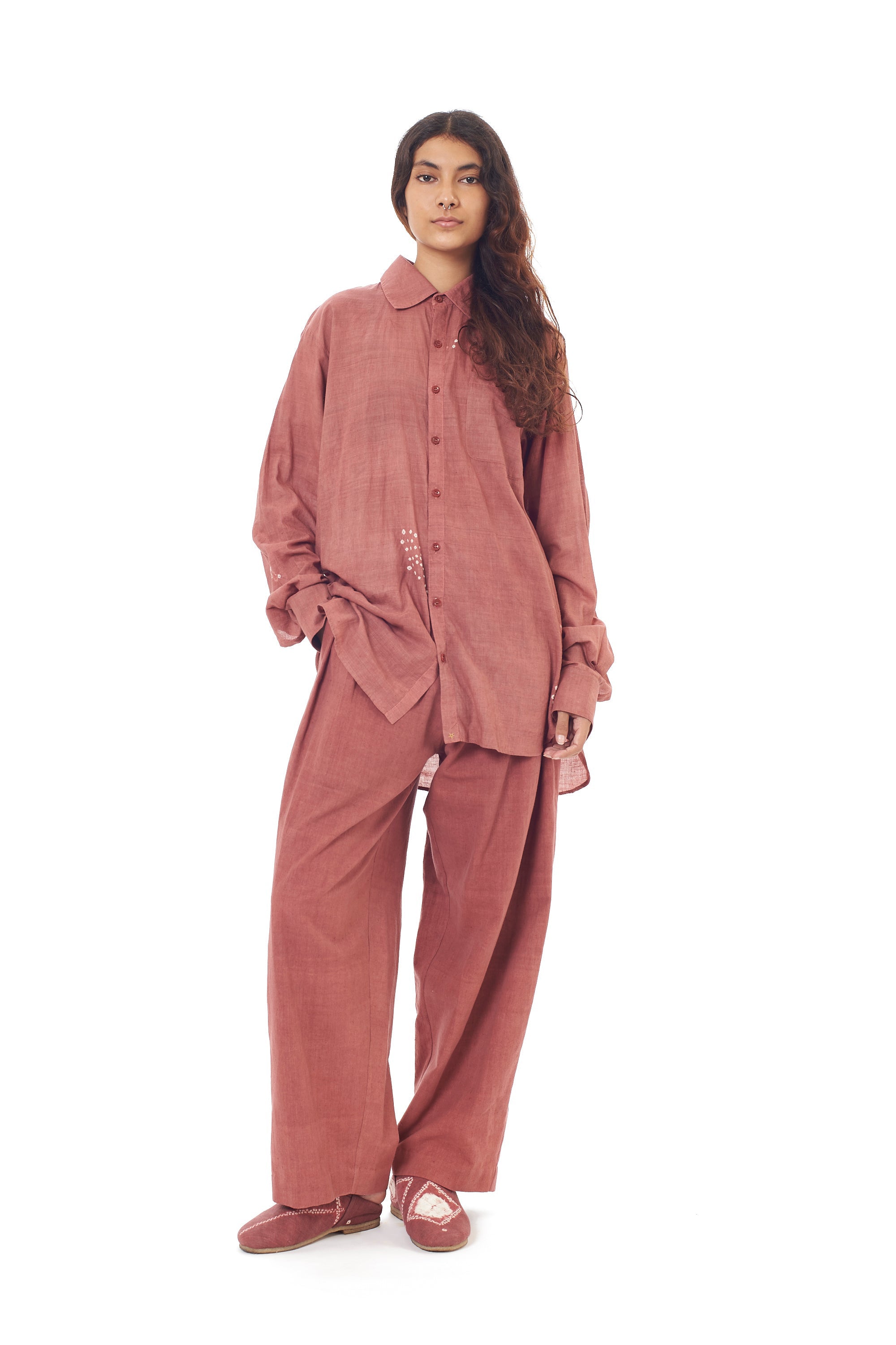 ROGUE PINK RELAXED FIT FINE COTTON SHIRT CRAFTED WITH SHIBORI MOTIFS