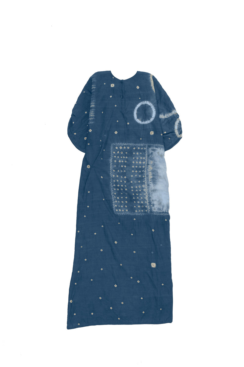 TURQUOISE COTTON SILK DRAPE DRESS CRAFTED WITH AN OVER ALL SHIBORI PATTERN
